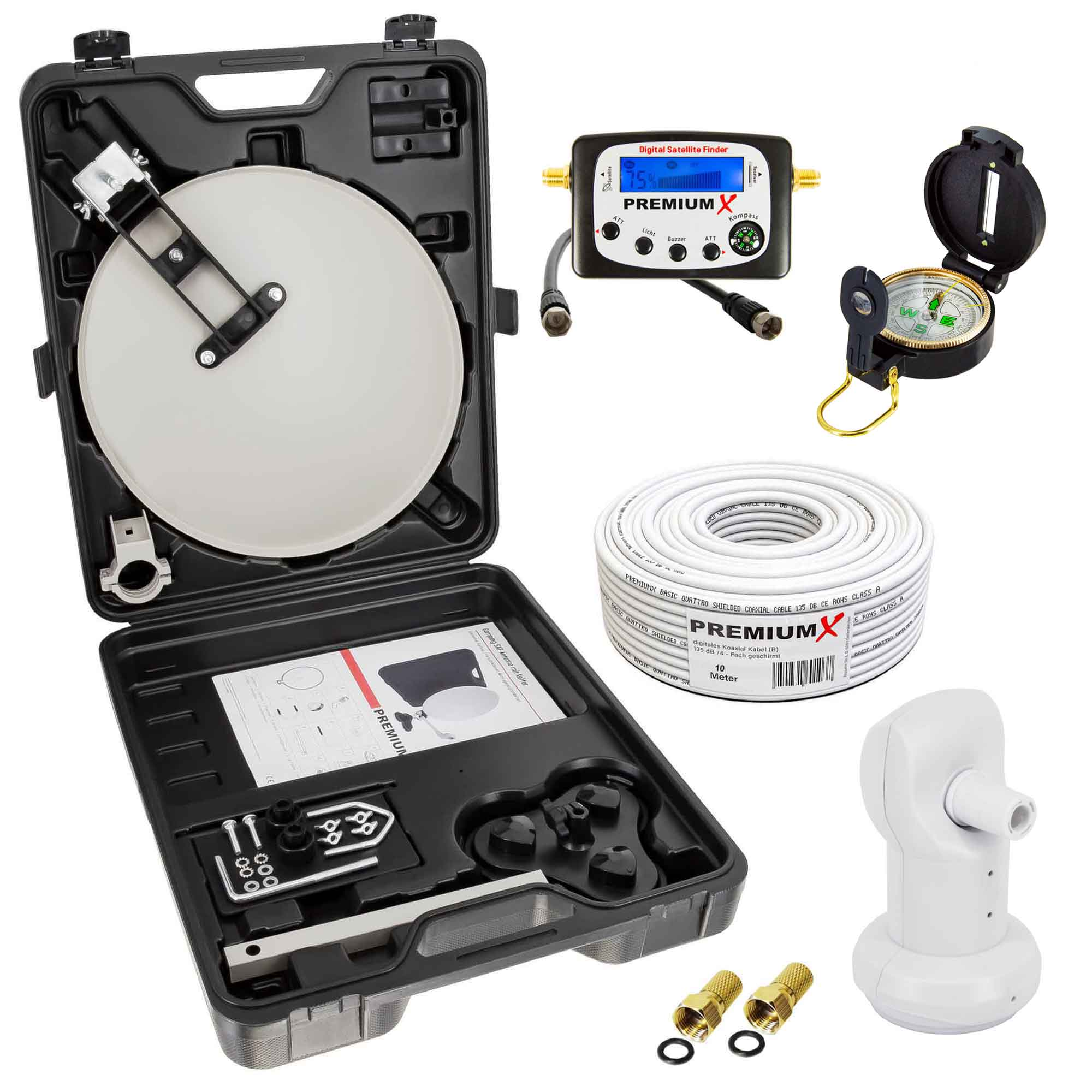 Satellitenfinder-Kit. Enthält eine Satellitenschüssel, einen Kompass, ein Messgerät, Kabel und Zubehör.