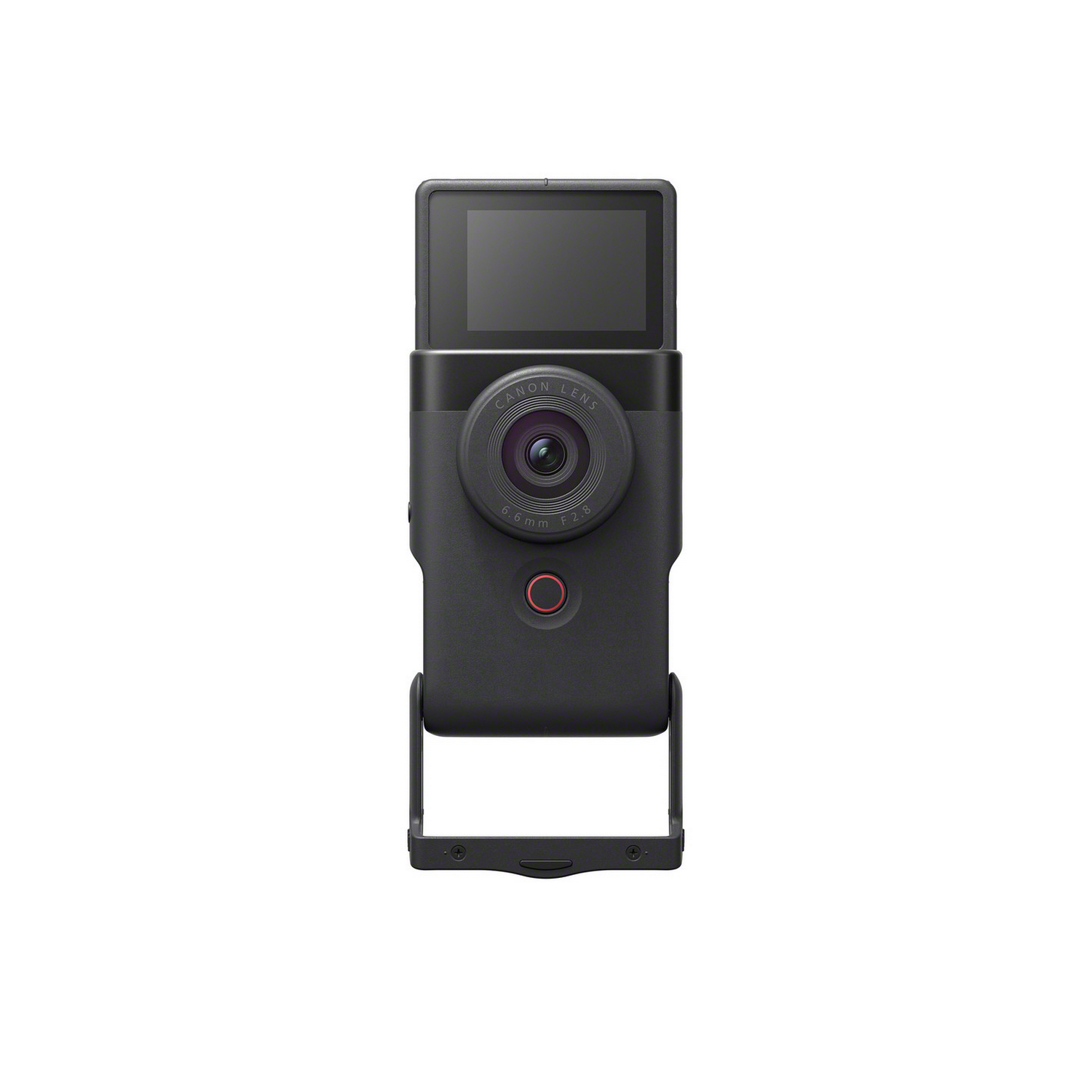 A black handheld camera with a screen and a red record button, on a white background.