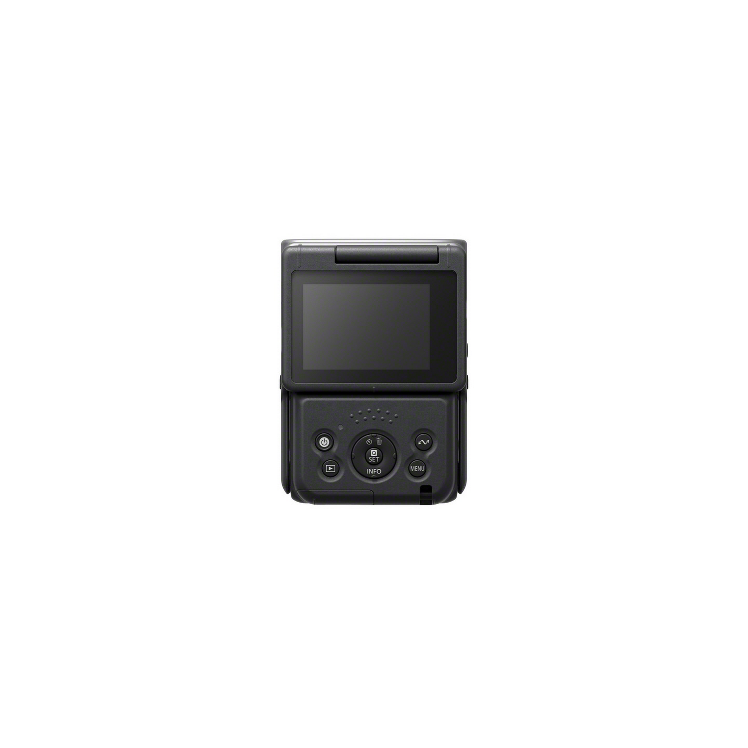 A black camera with a screen on the back. The camera is opened and the screen is on.