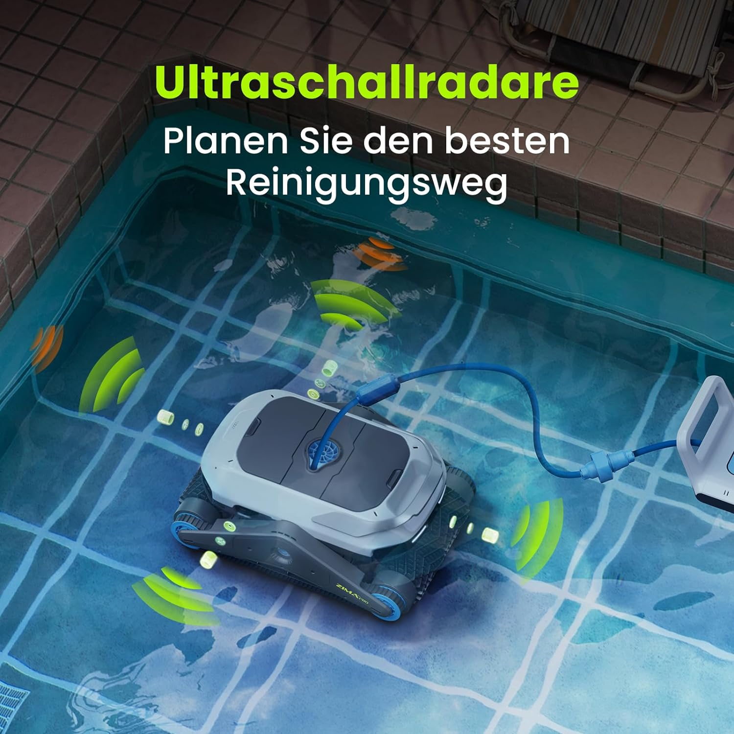 Ein Poolreiniger in einem Pool mit grünen und orangen Wellen, die Ultraschallradar anzeigen.