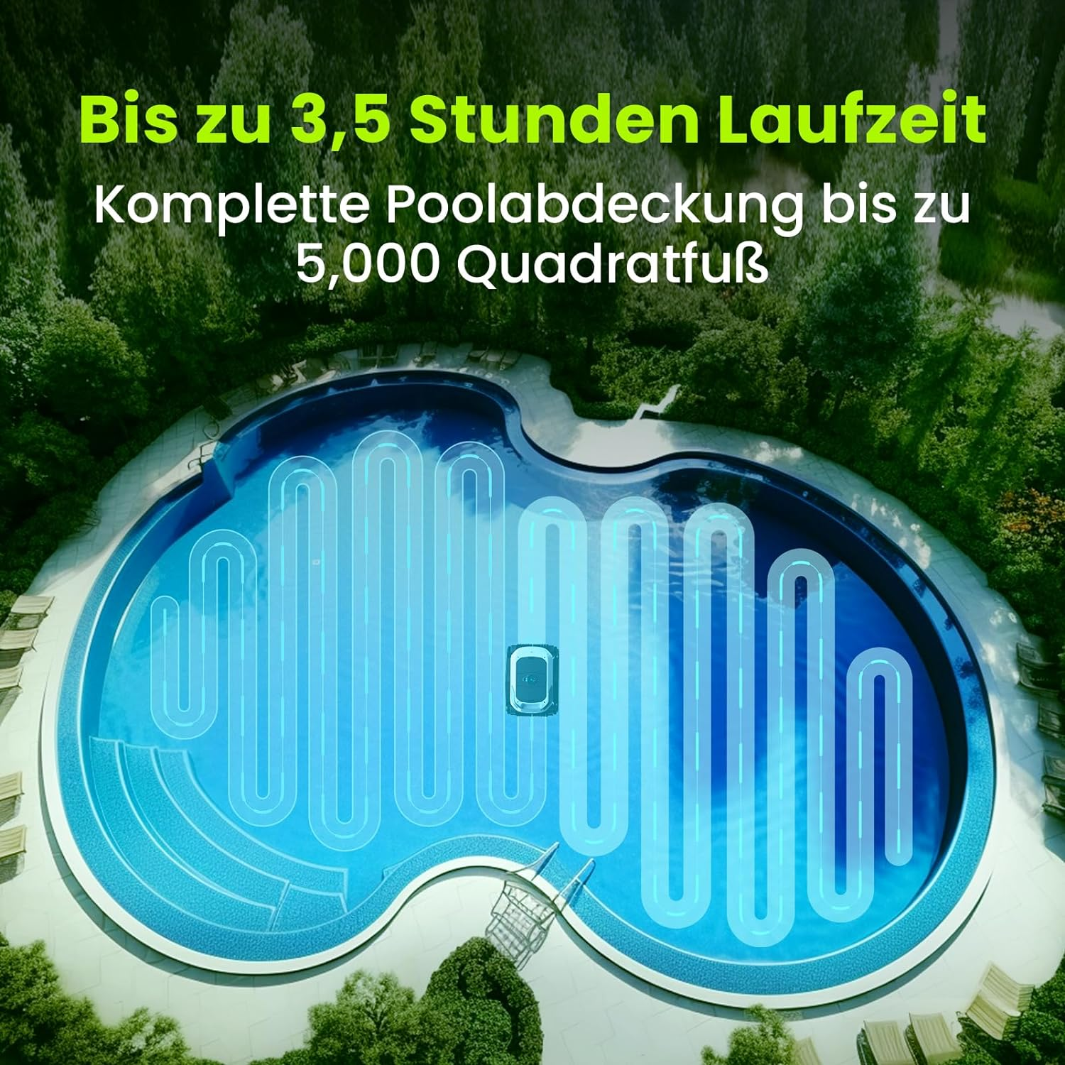 Eine Drohne in einem Pool mit blauem Lichtmuster. Text sagt: 'Bis zu 3,5 Stunden Laufzeit'. Bäume im Hintergrund.