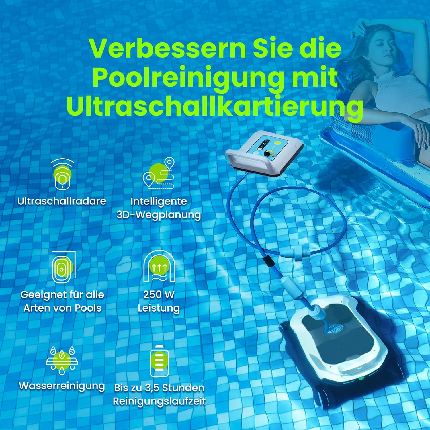 Ein Poolreinigungssystem, einschließlich Roboterreiniger und Steuereinheit, mit Text über Poolreinigung und Funktionen.