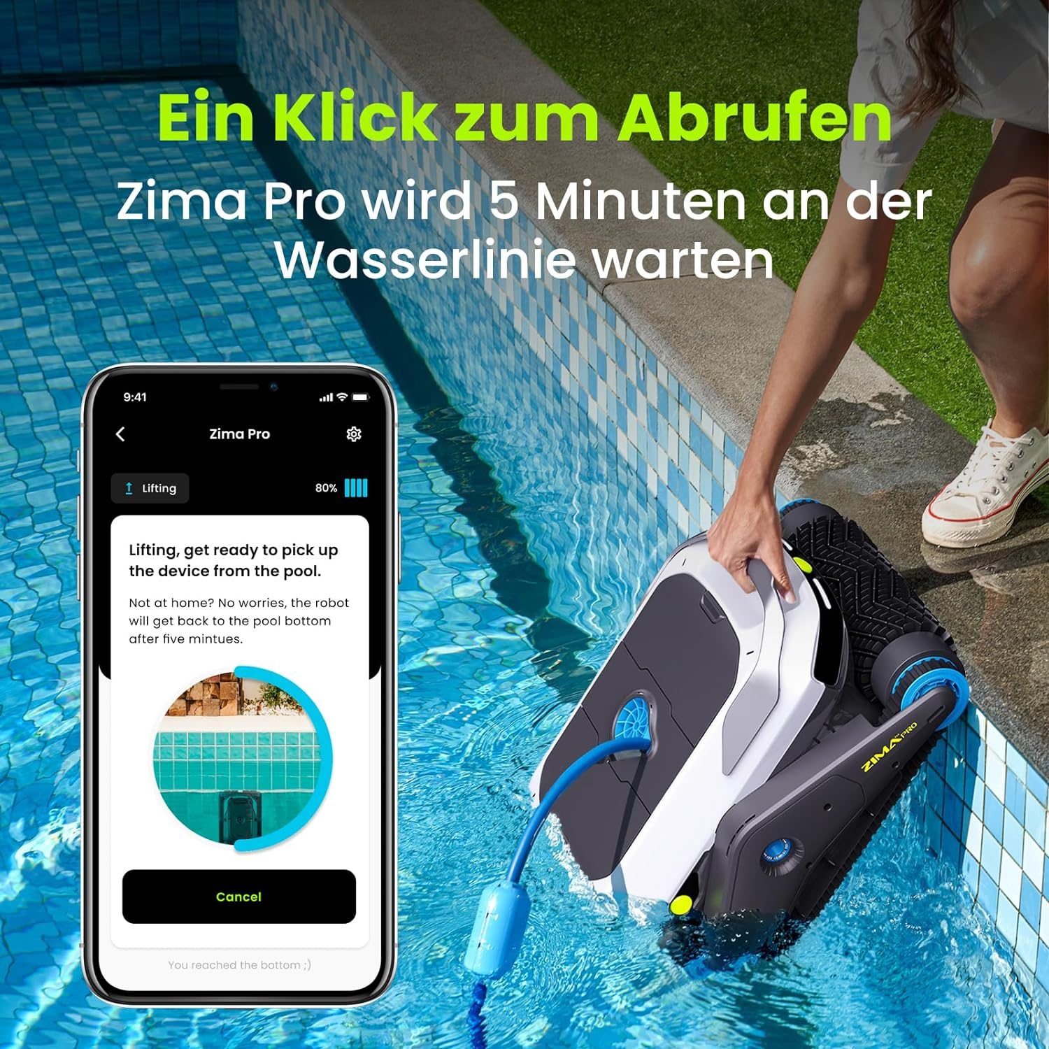 Ein Poolreinigungsroboter im Pool, ein Telefon zeigt einen Bildschirm und eine Person. Text sagt 'Zima Pro'.