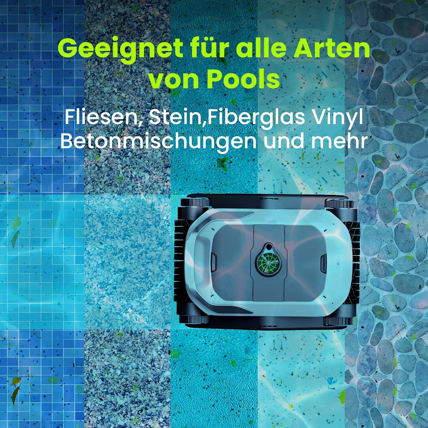 Poolreinigungsroboter in einem Pool mit verschiedenen Fliesen. Text: Geeignet für alle Poolarten.