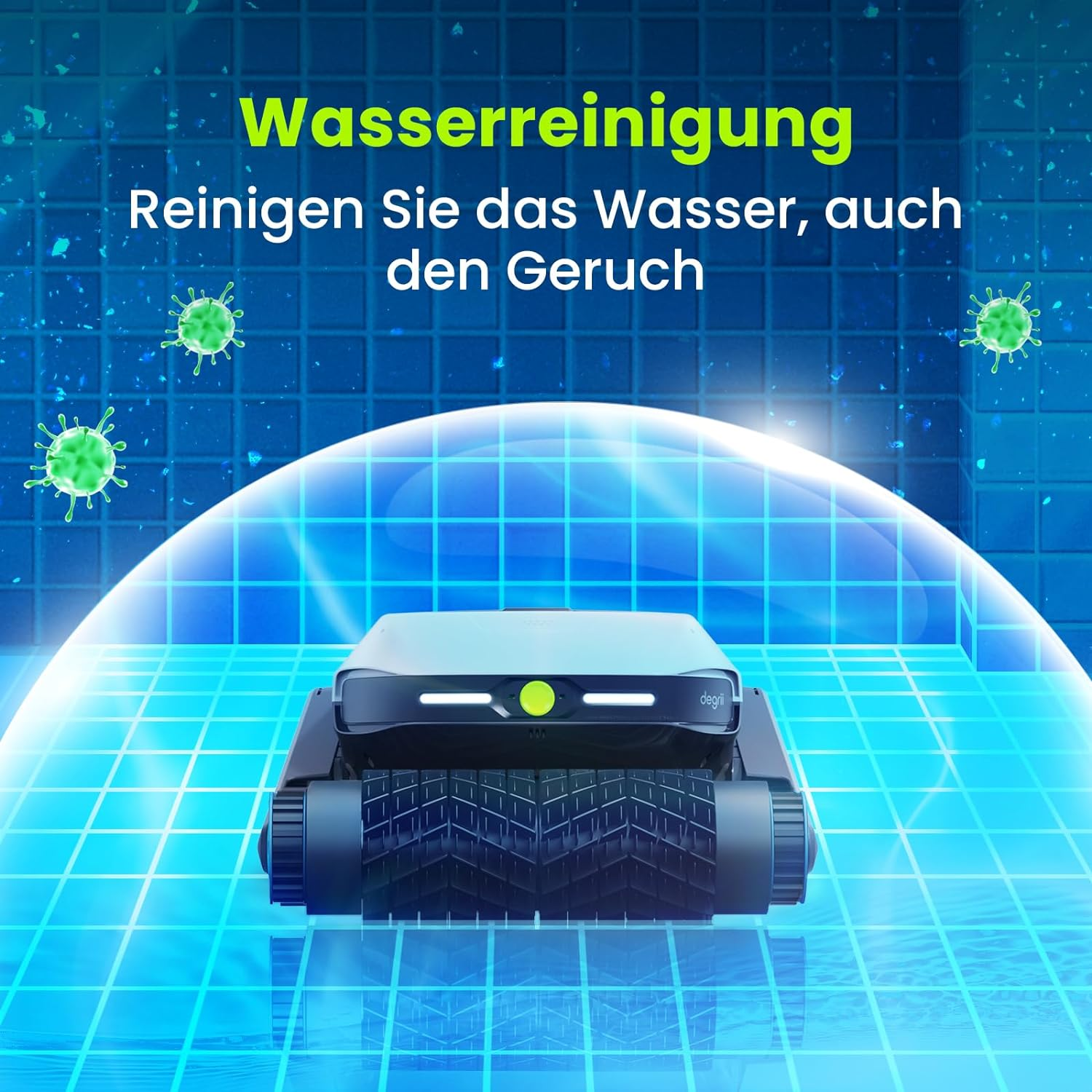 Ein Roboter-Poolreiniger mit blauem Gitterhintergrund und grünen Virusgrafiken.