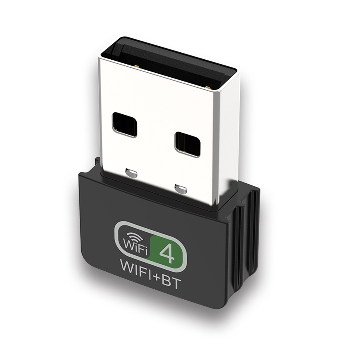 Ein schwarzer WLAN-USB-Adapter mit weißem USB-Anschluss. Der Adapter hat ein WiFi 4 Logo.