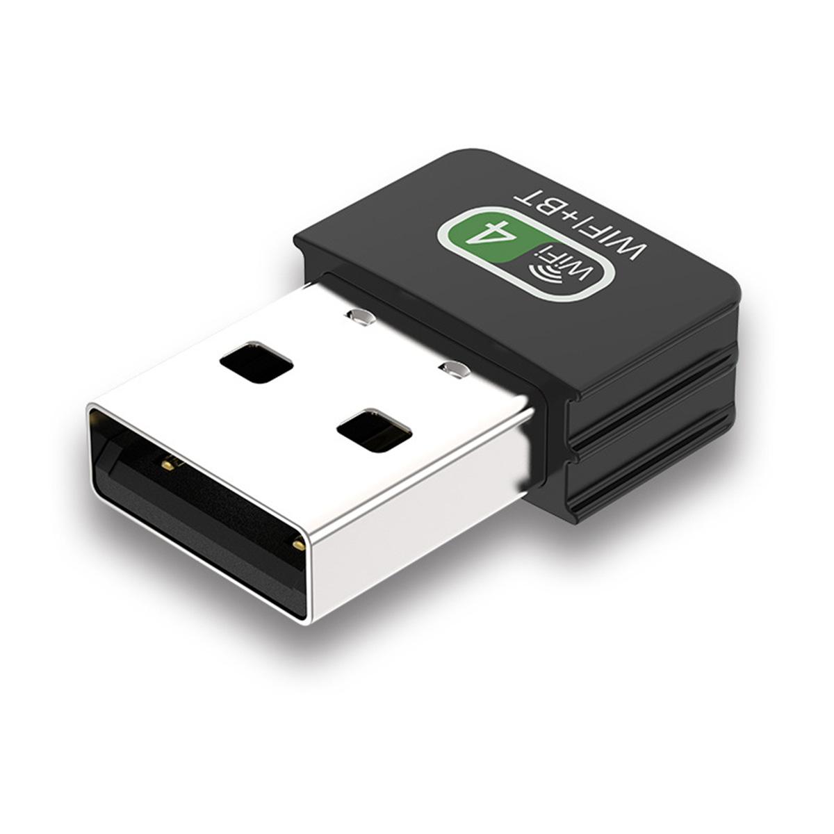 Schwarzer USB-WLAN-Adapter mit grünem WiFi 4-Label. Silberner USB-Anschluss sichtbar.