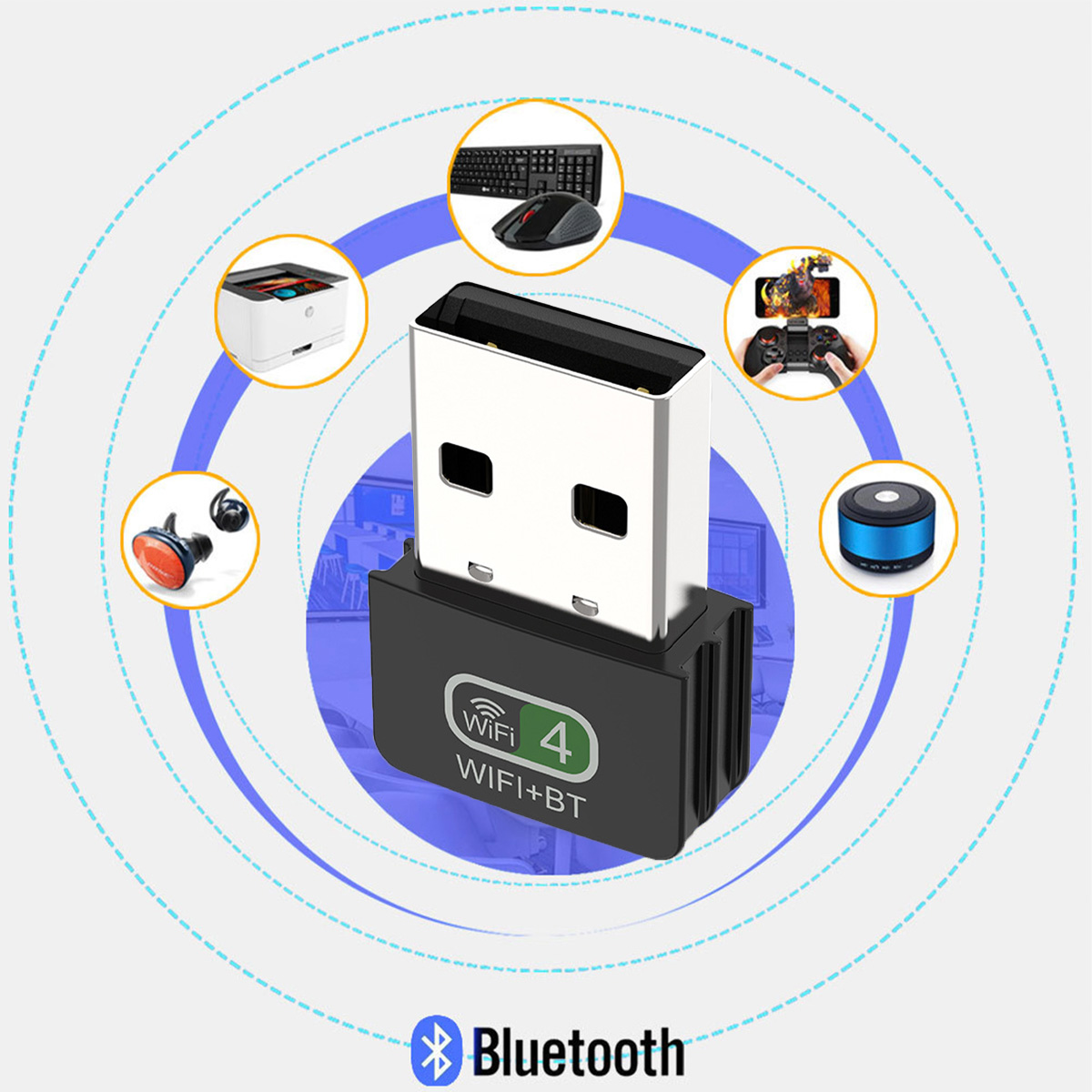 Ein USB-WLAN-Adapter mit Symbolen verschiedener Geräte darum herum.
