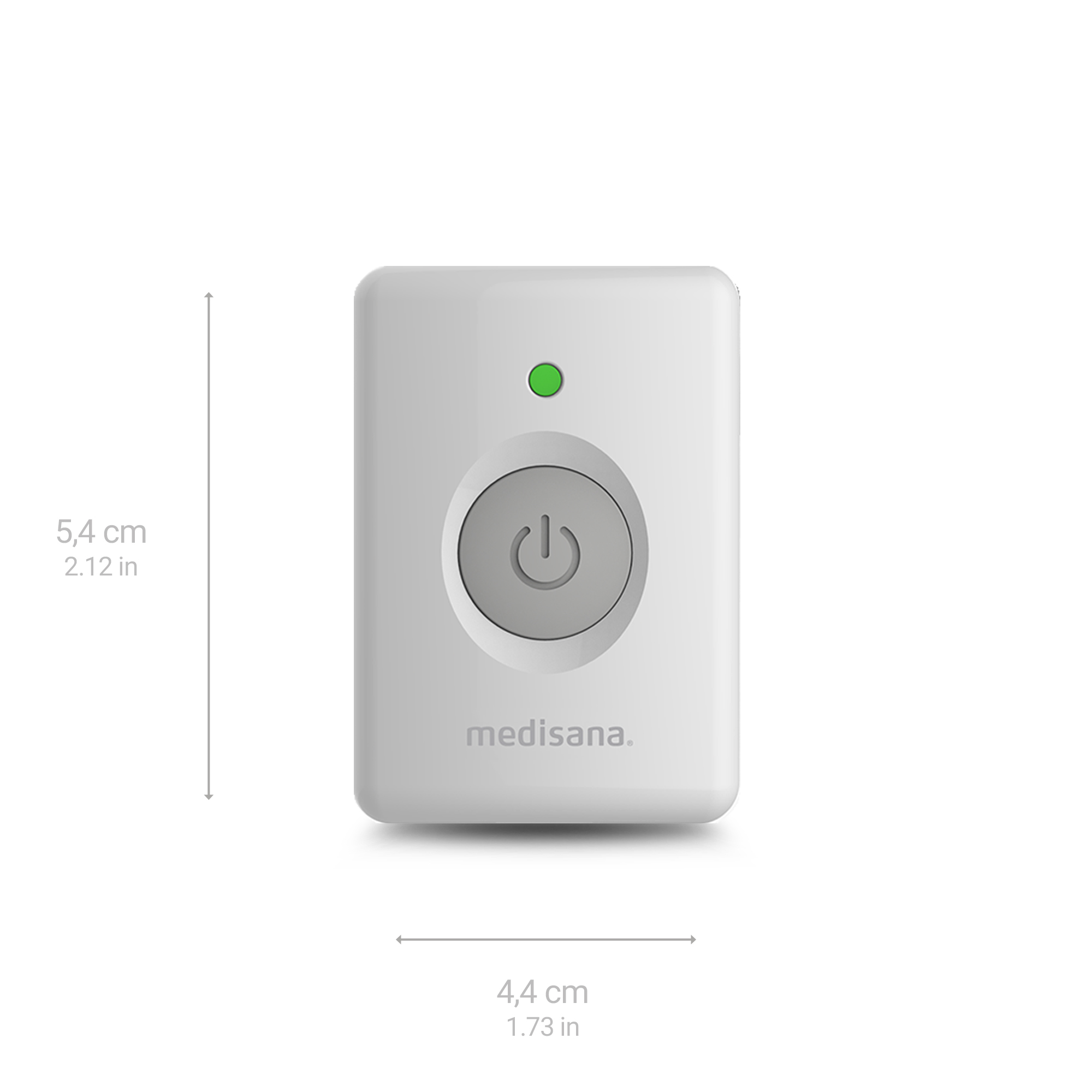 A white, rectangular device with a power button. It has a green light and is labeled 'medisana'.
