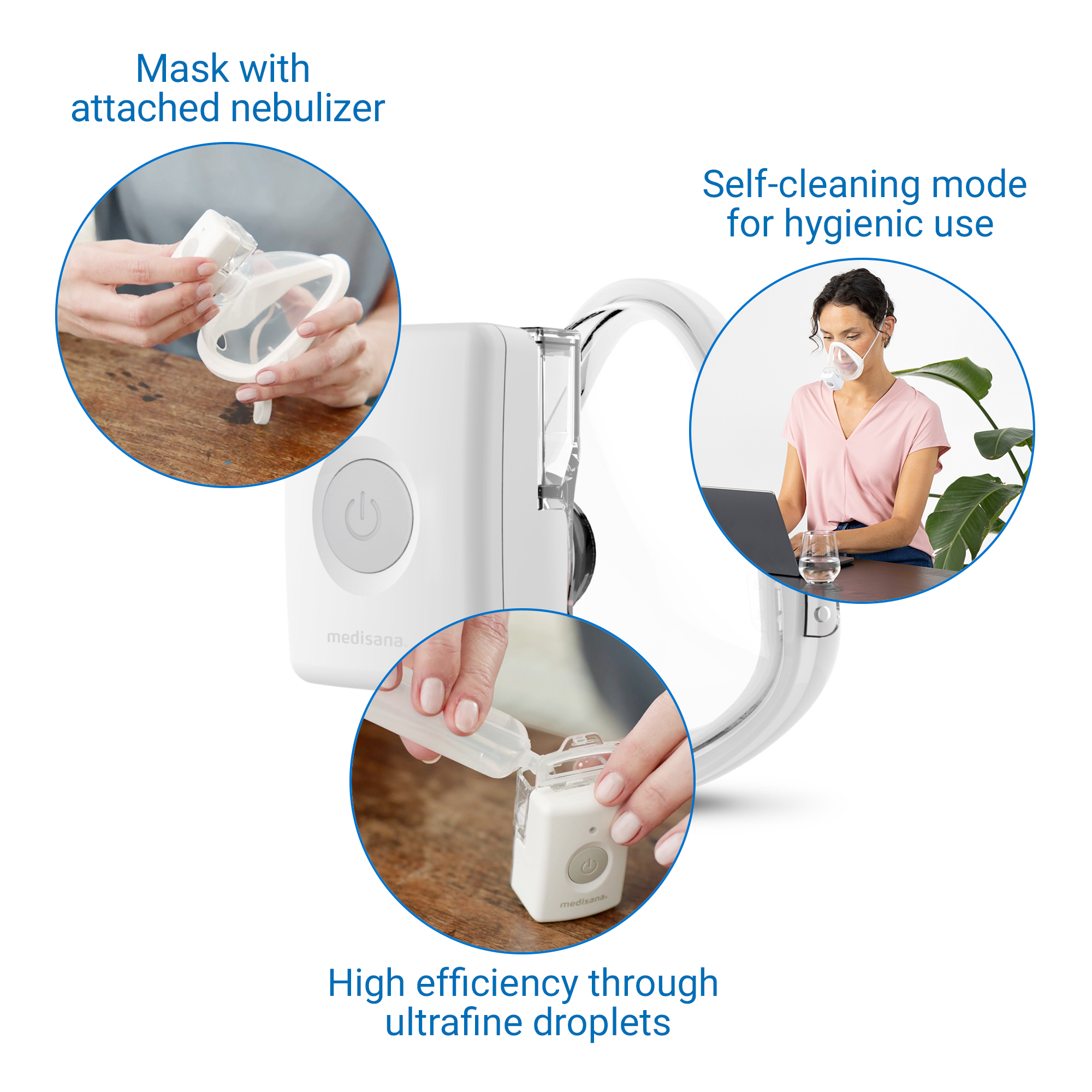 A white nebulizer with attached mask, and a woman using it. Shows the device and use.