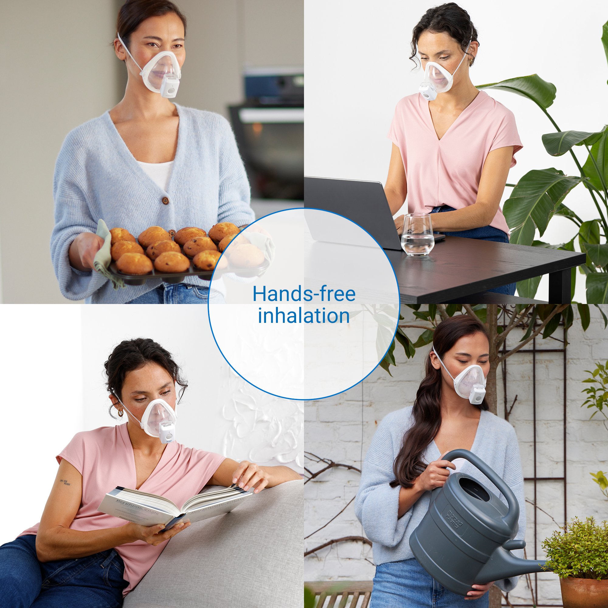 Four images showing people using a hands-free inhalation device in different settings. Text: Hands-free inhalation.