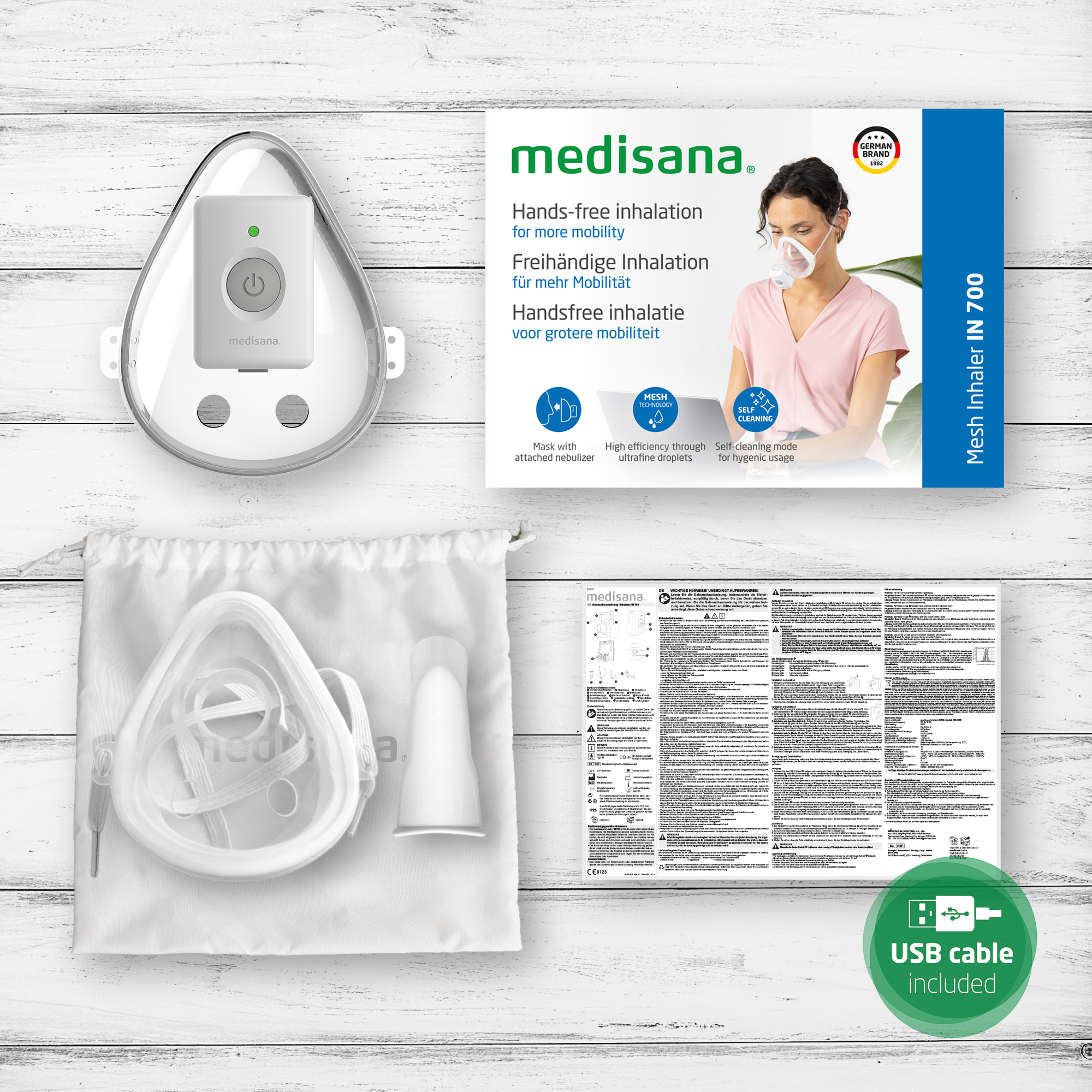Medical inhaler kit with mask, nebulizer, and accessories, with text.