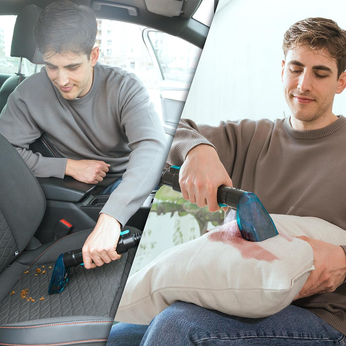 Un hombre usa una aspiradora para limpiar el asiento del coche y una almohada. Dos escenas.