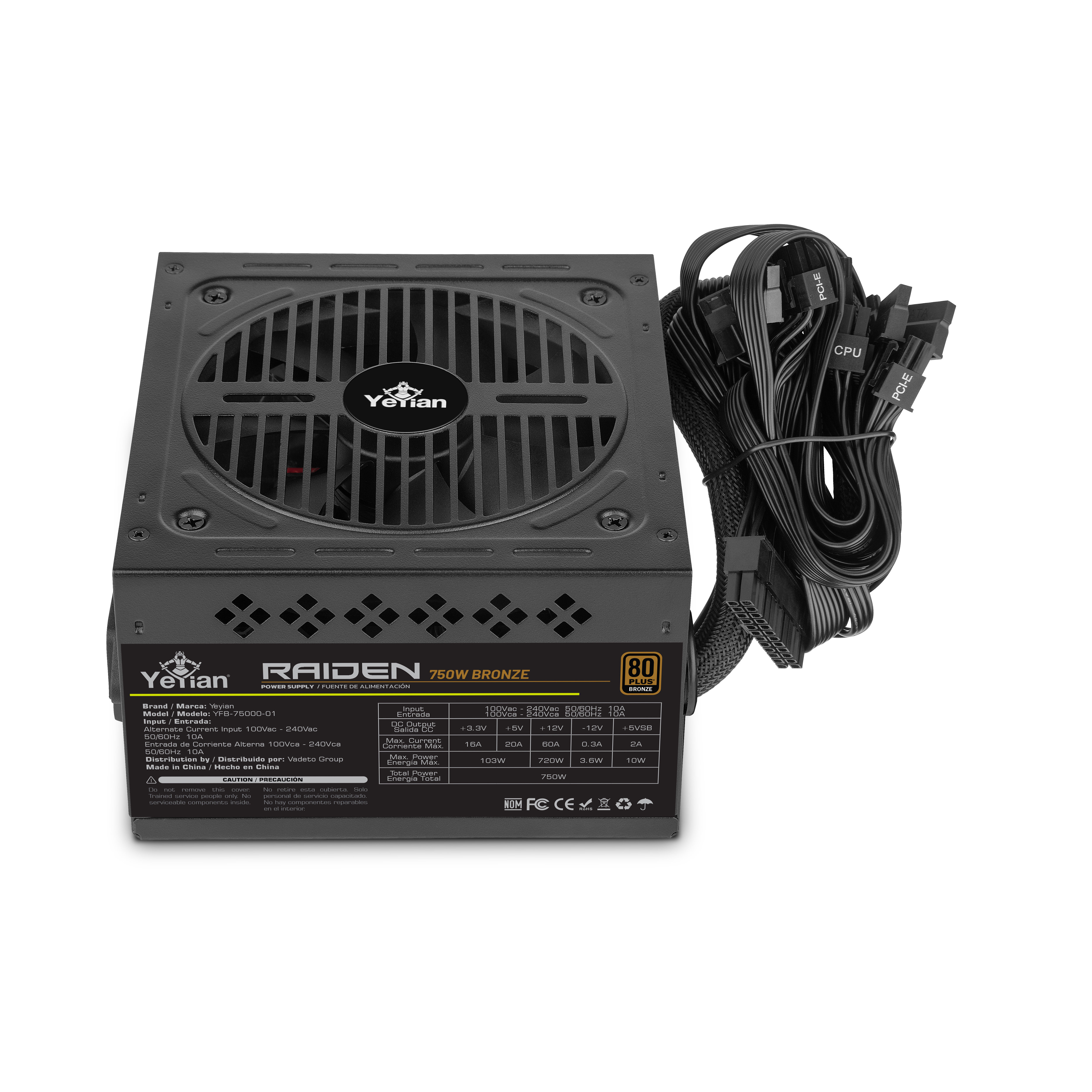 Alimentatore nero con cavi. Etichette 'Raiden' e '750W Bronze'. Ventola nera sopra.