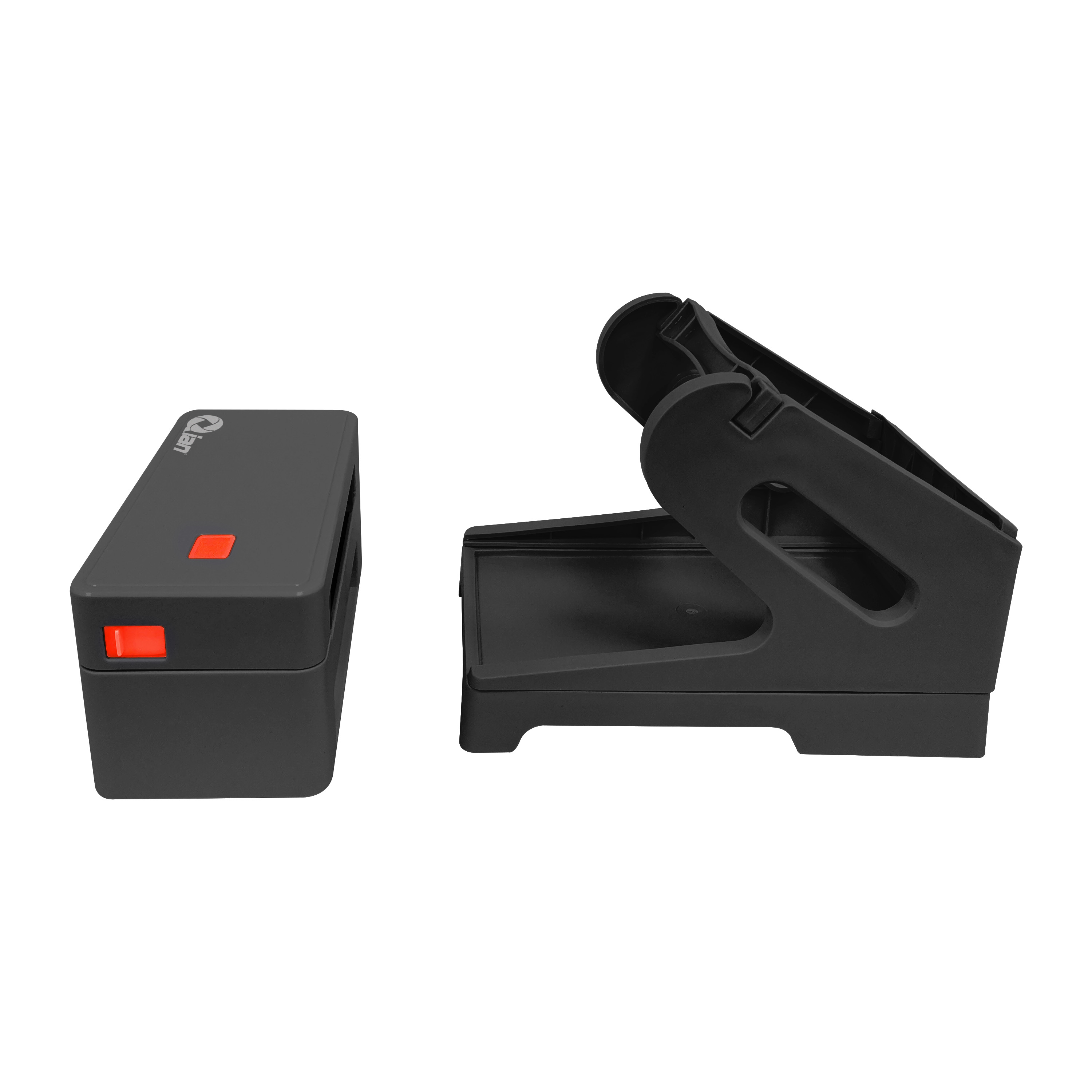 Dos componentes electrónicos negros, uno rectangular con botón rojo, el otro un soporte.