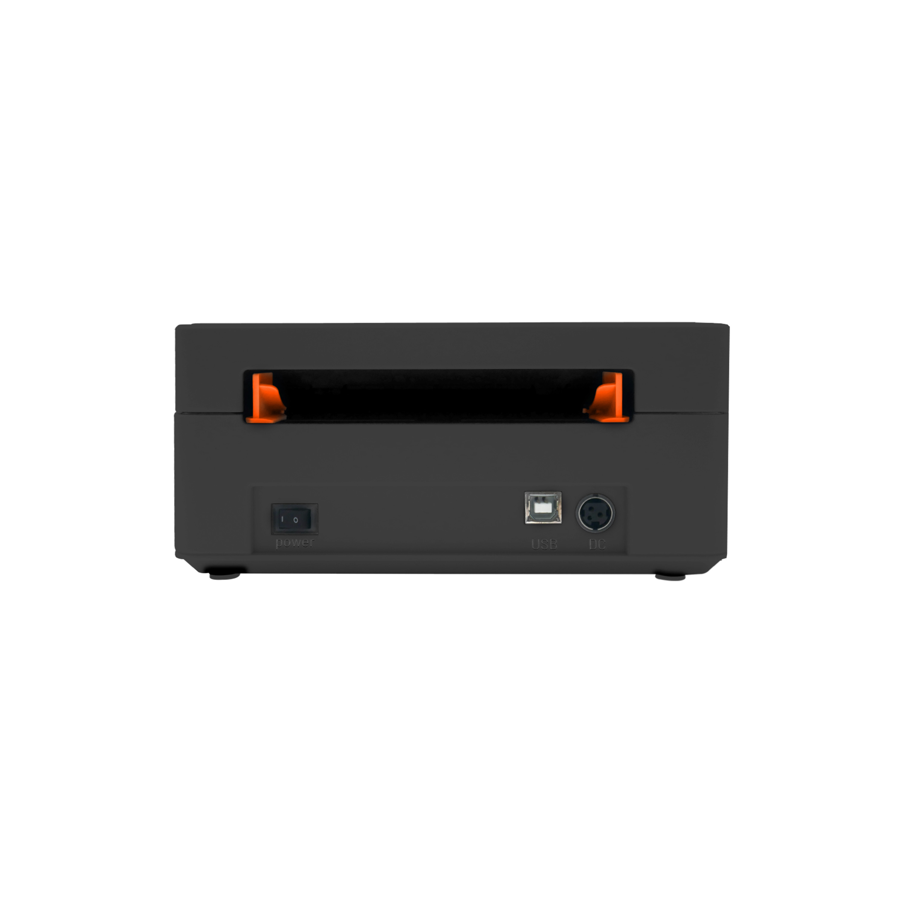 Impresora térmica negra con puertos de alimentación, USB y CC, vista desde atrás.