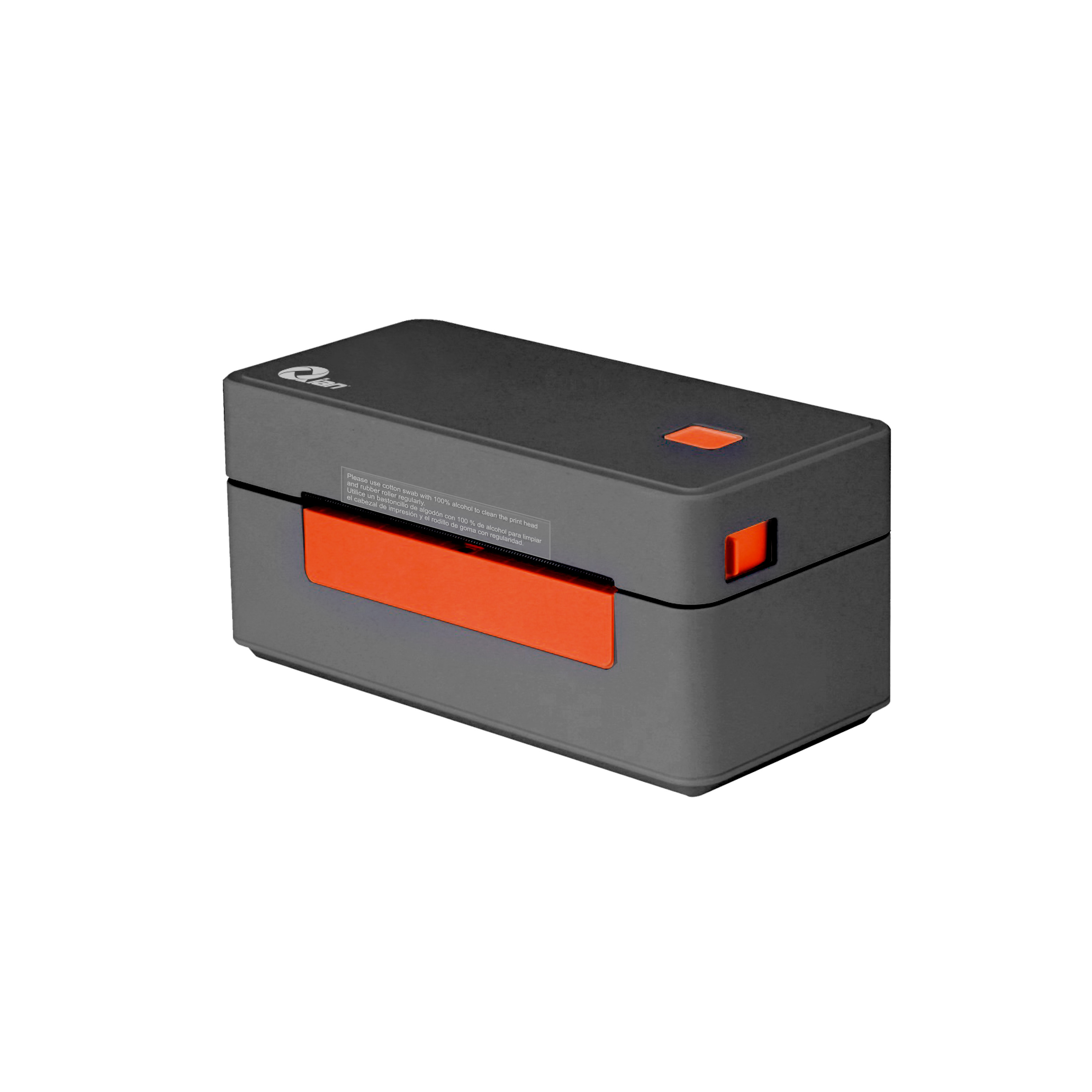 Impresora de etiquetas rectangular, gris y naranja sobre fondo blanco.