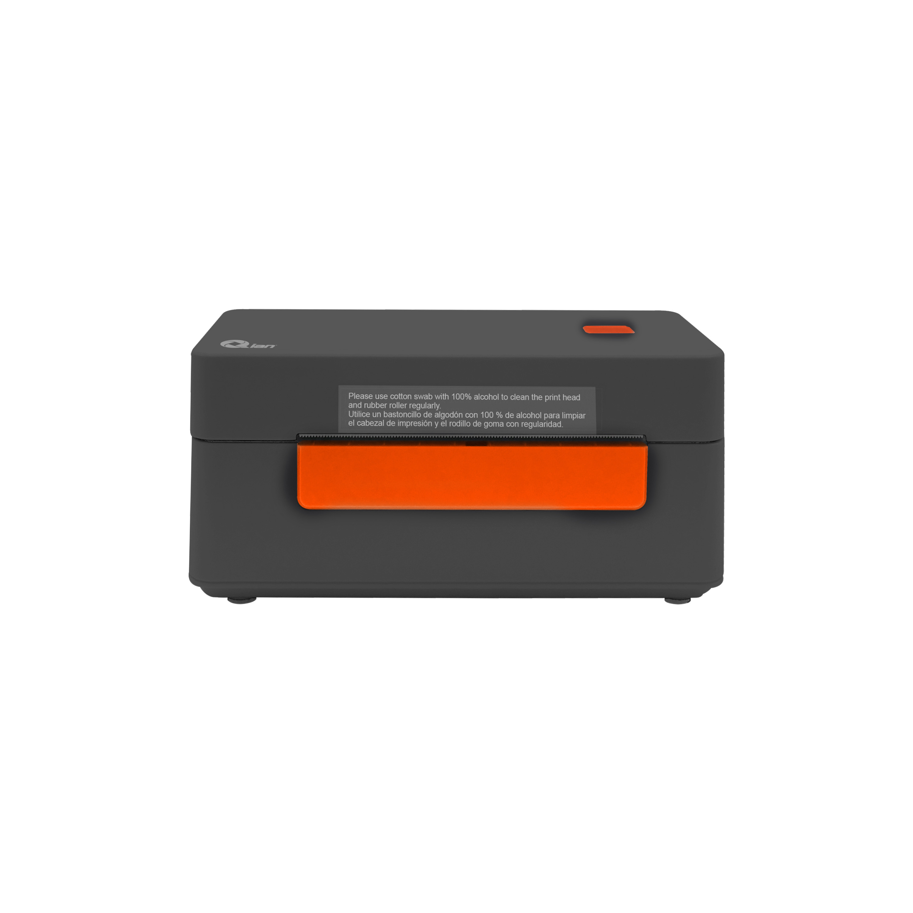 Impresora de etiquetas gris oscuro con acento naranja, texto en la parte superior para mantenimiento.