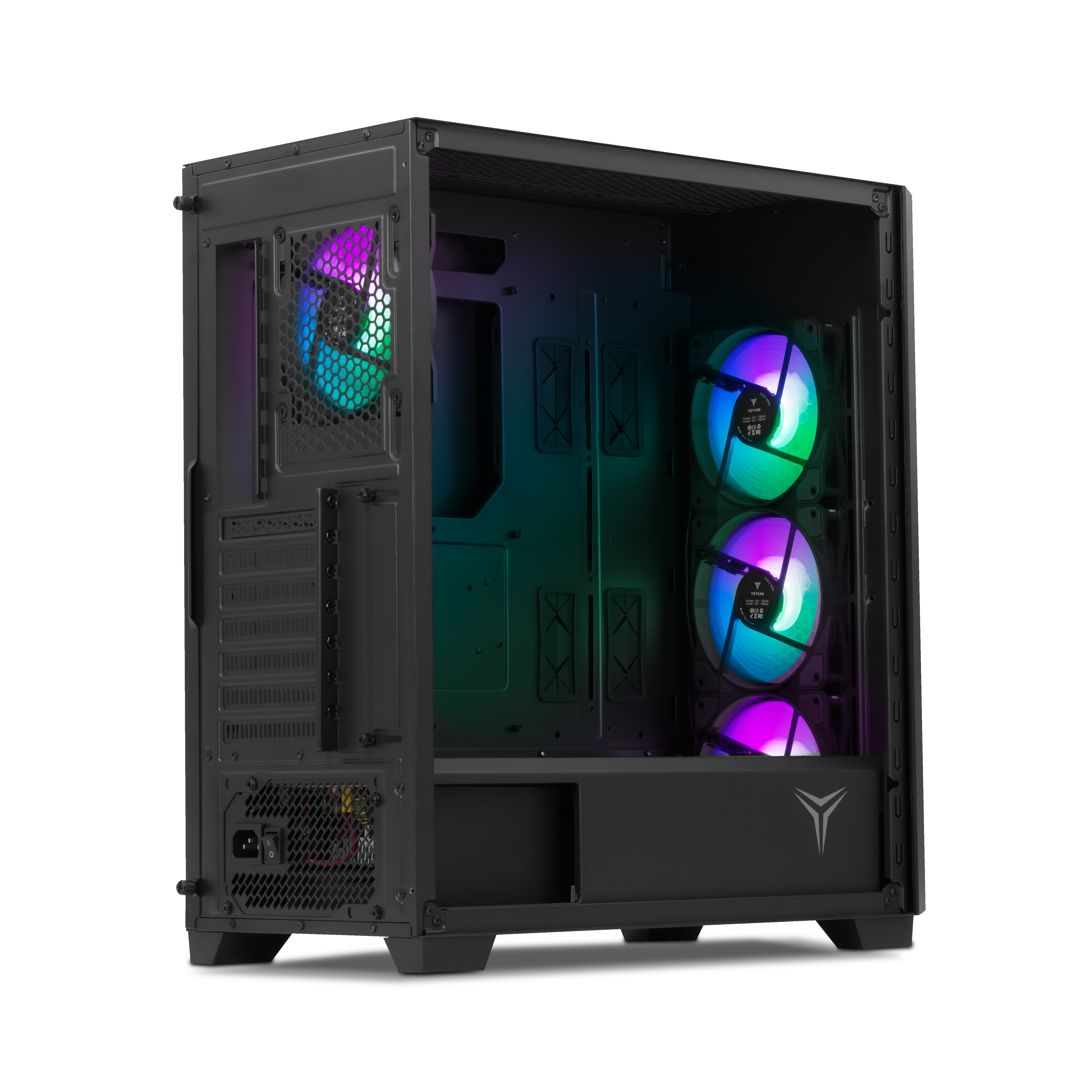 Case per computer nero. Ha ventole interne con luci colorate e un alimentatore.