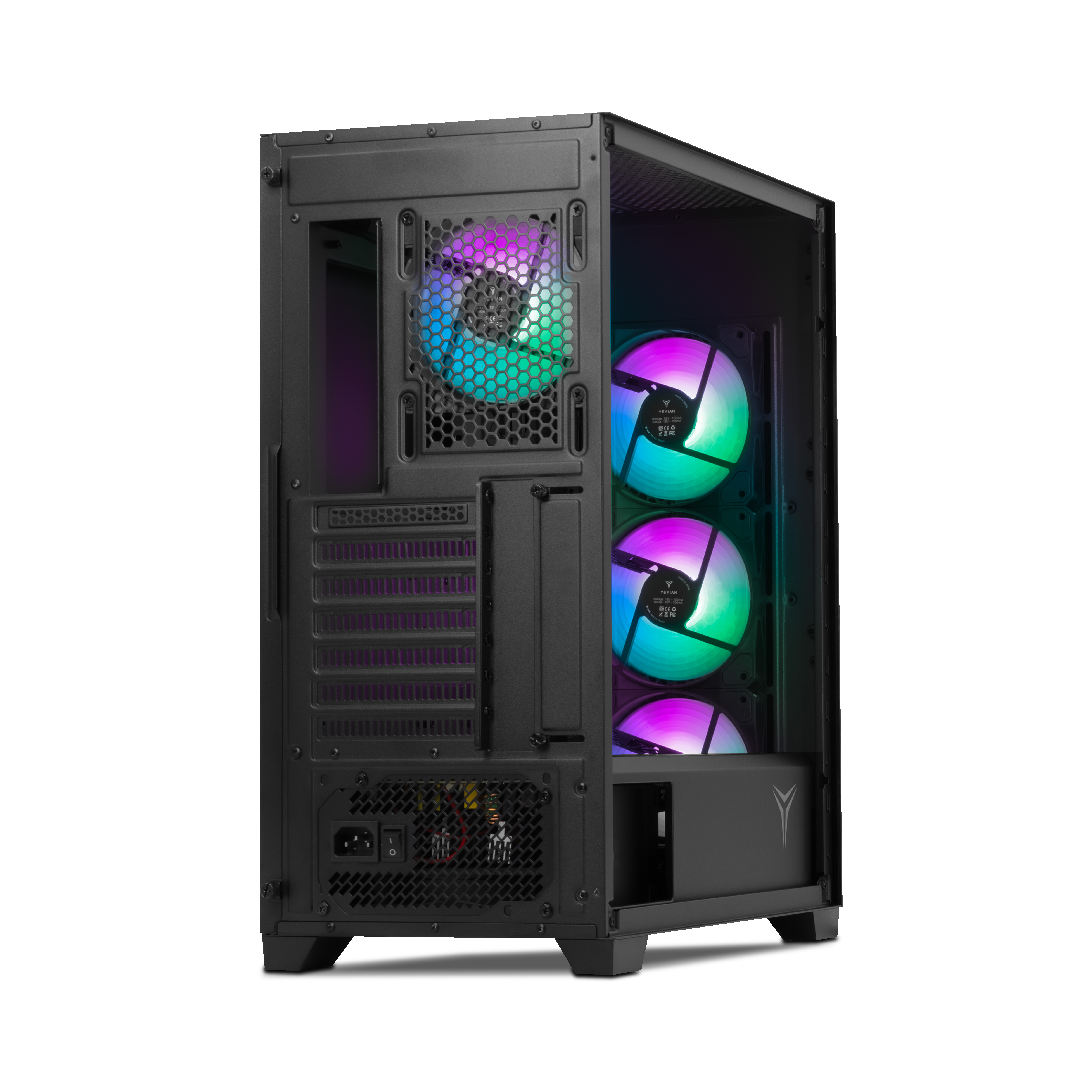 Un case per computer nero con tre ventole colorate. Il pannello laterale è in vetro trasparente.