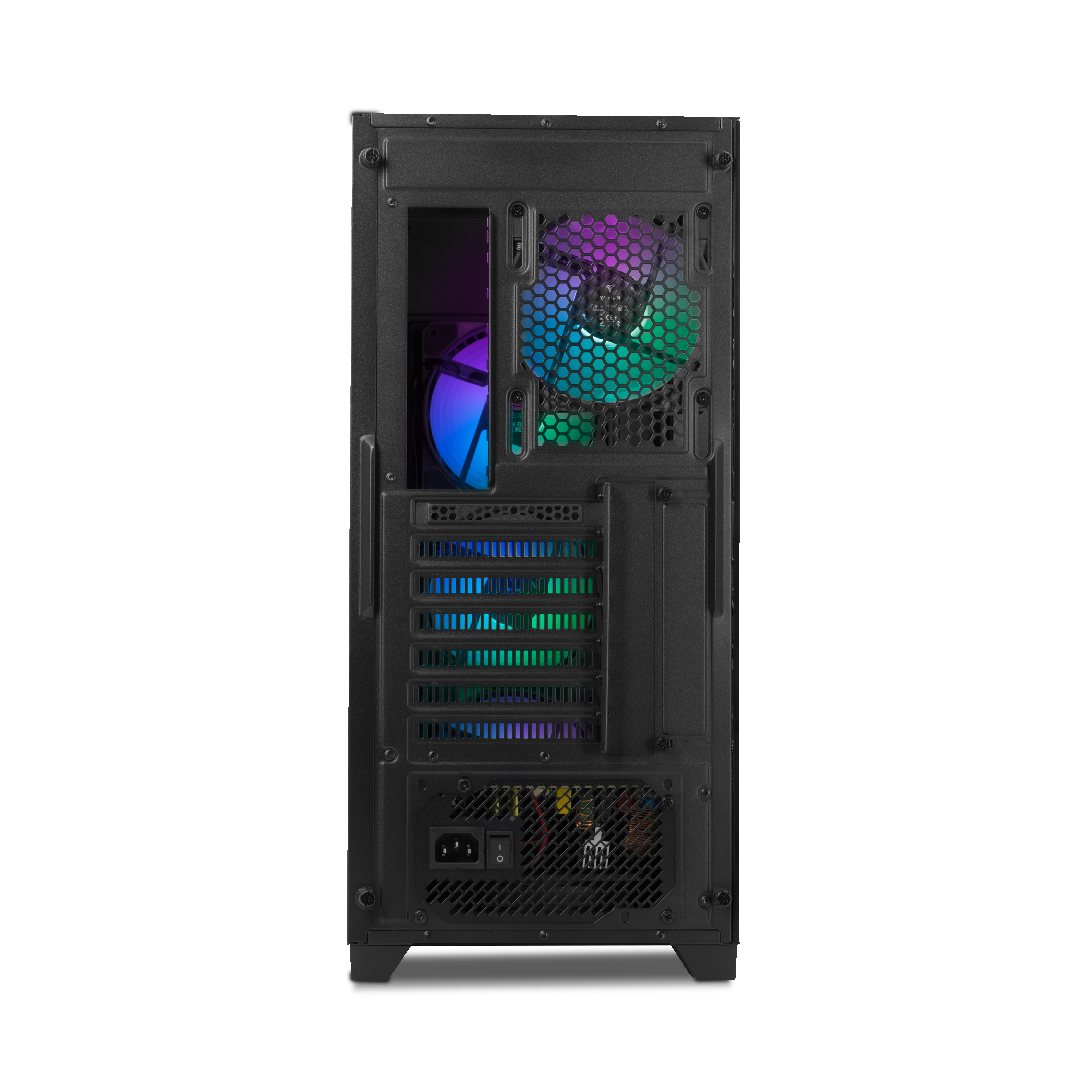 Vista posteriore dell'interno di un case per PC con vari componenti: ventola, alimentatore e altre parti.