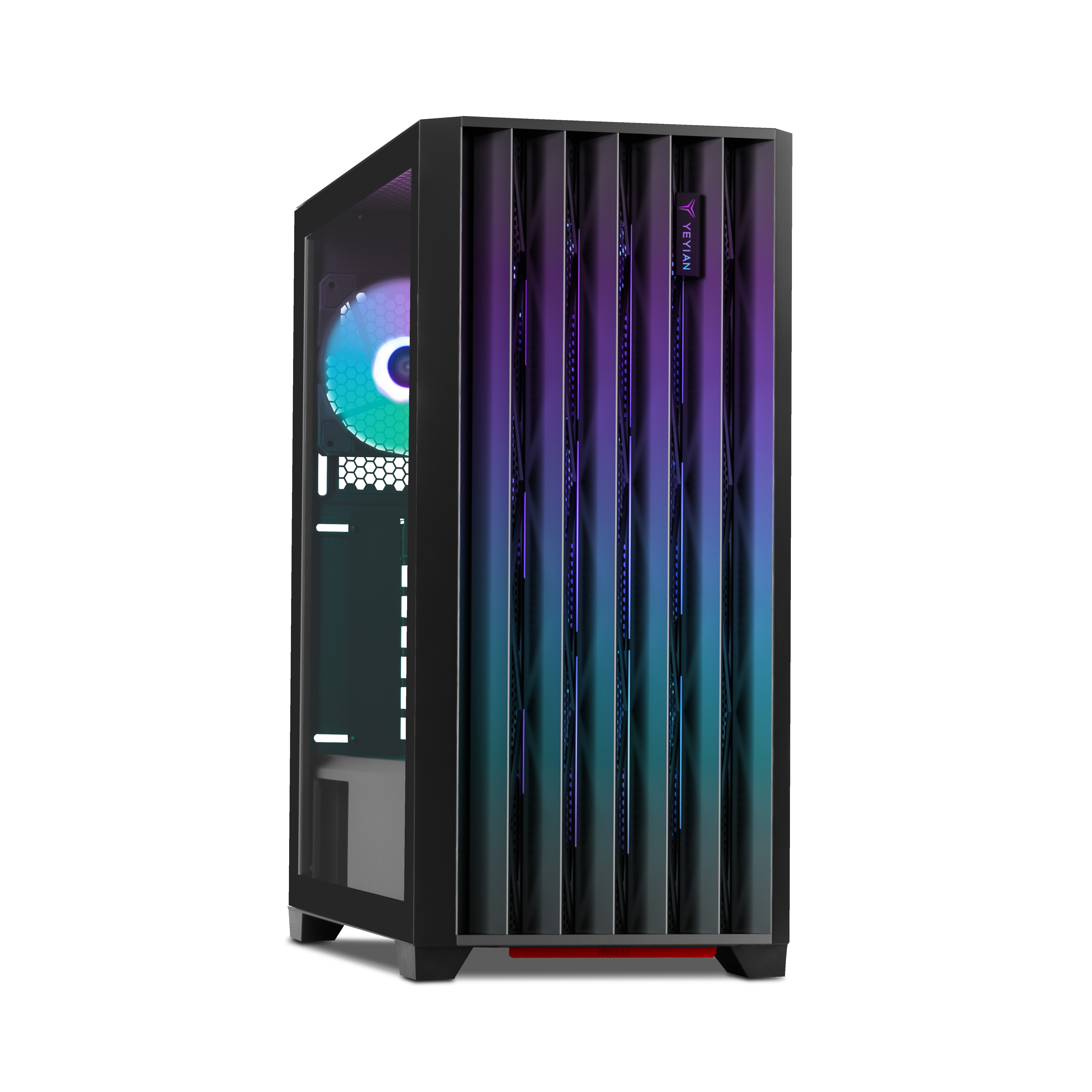 Case per computer nero con luci colorate verticali. Il pannello laterale è in vetro. Il logo del marchio è visibile.