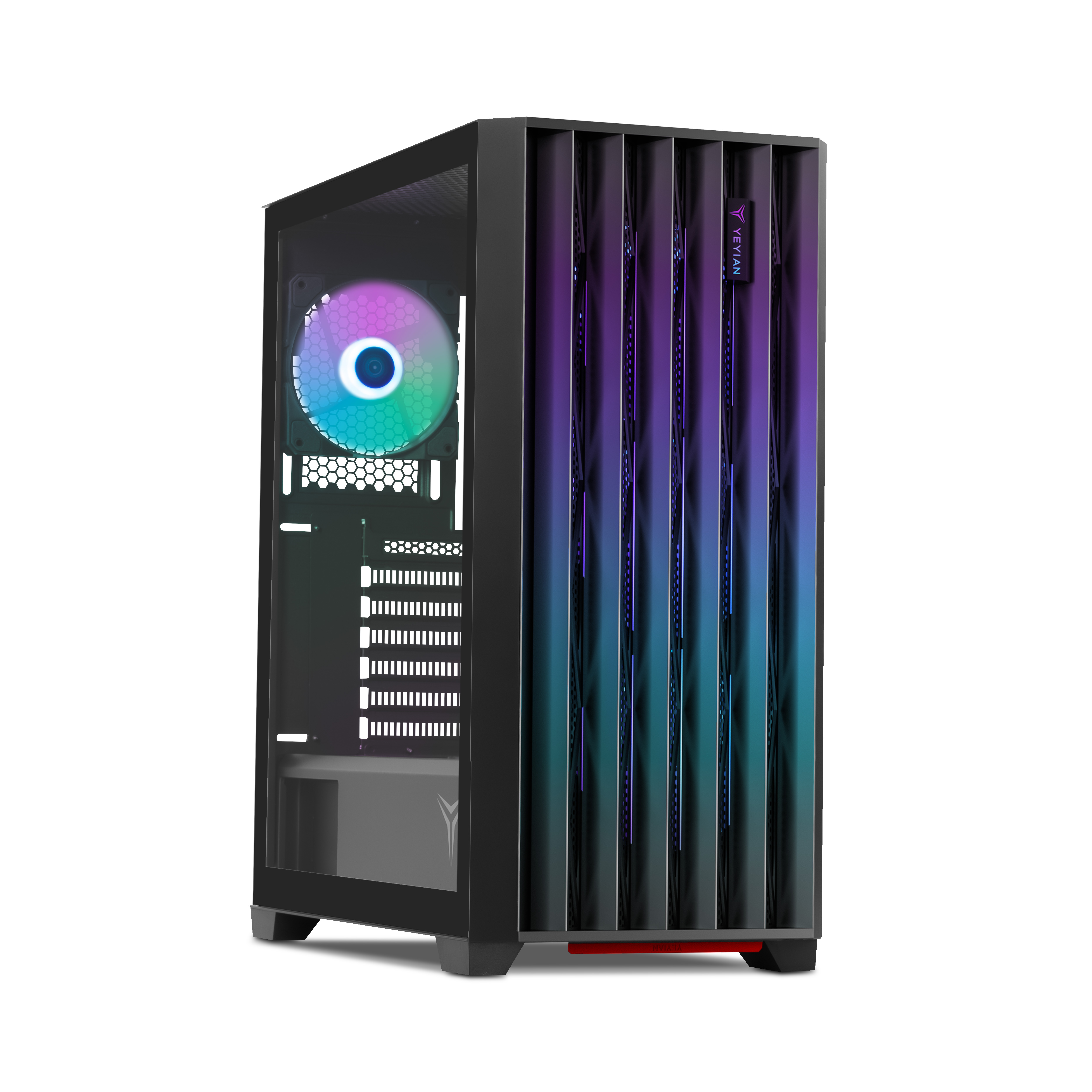 Un case per computer con lato trasparente, illuminato da luci RGB e ventola con effetto arcobaleno.