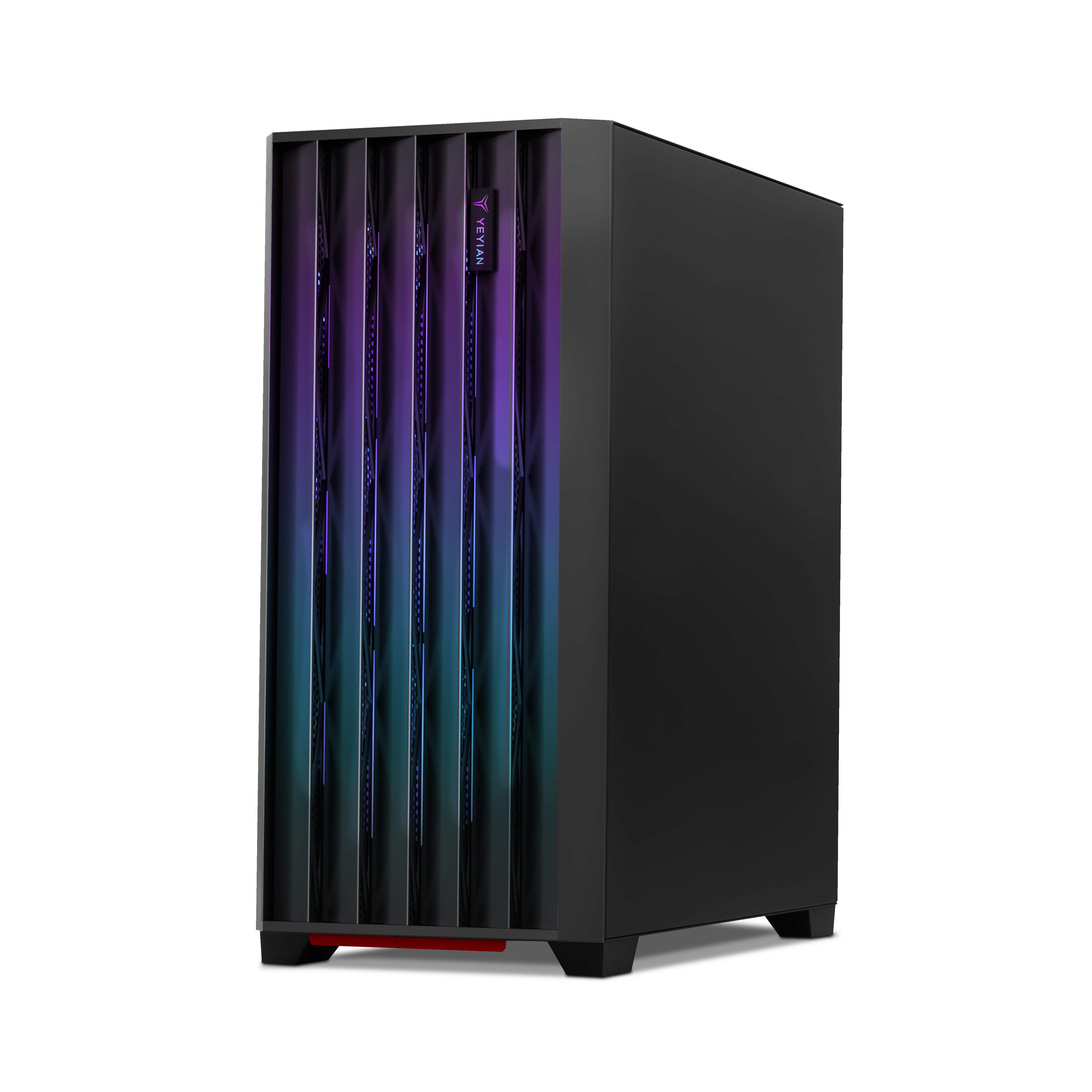 Una caja de computadora negra con luces coloridas en el panel frontal.
