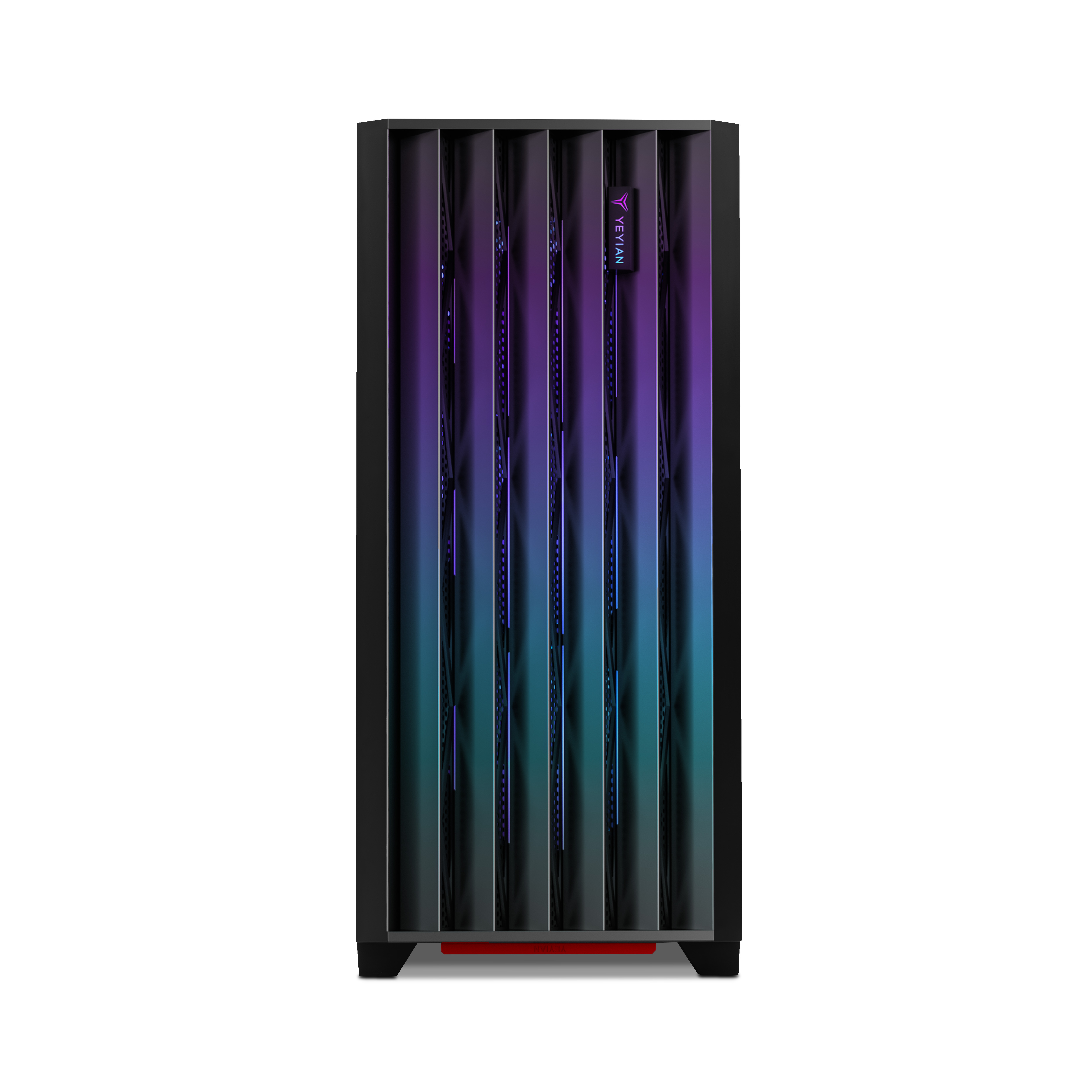 Una caja de computadora negra con múltiples ranuras verticales y luces interiores coloridas. La marca es visible.
