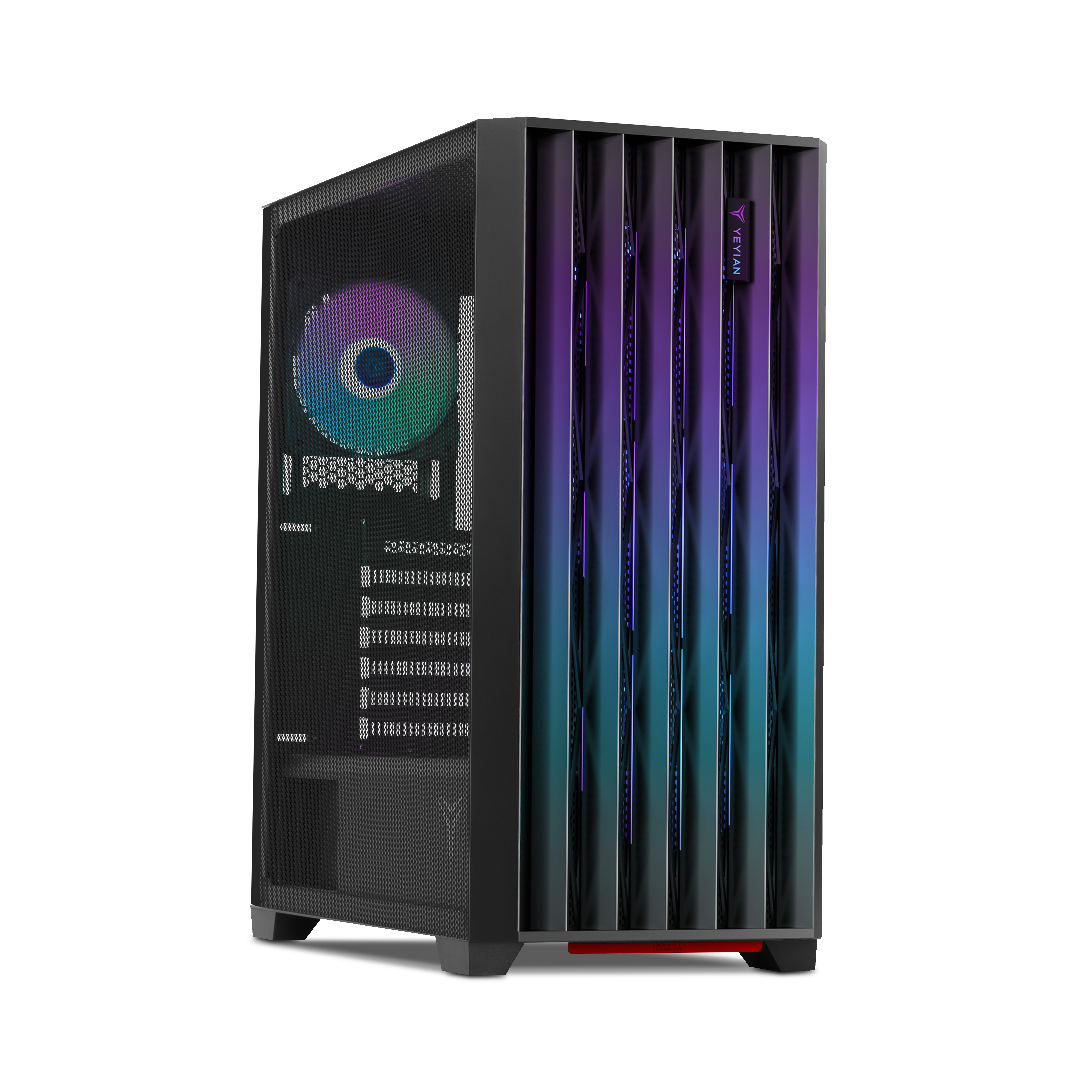 Caja de PC negra con ventilador arcoíris y panel frontal de color. Tiene un panel lateral de malla.