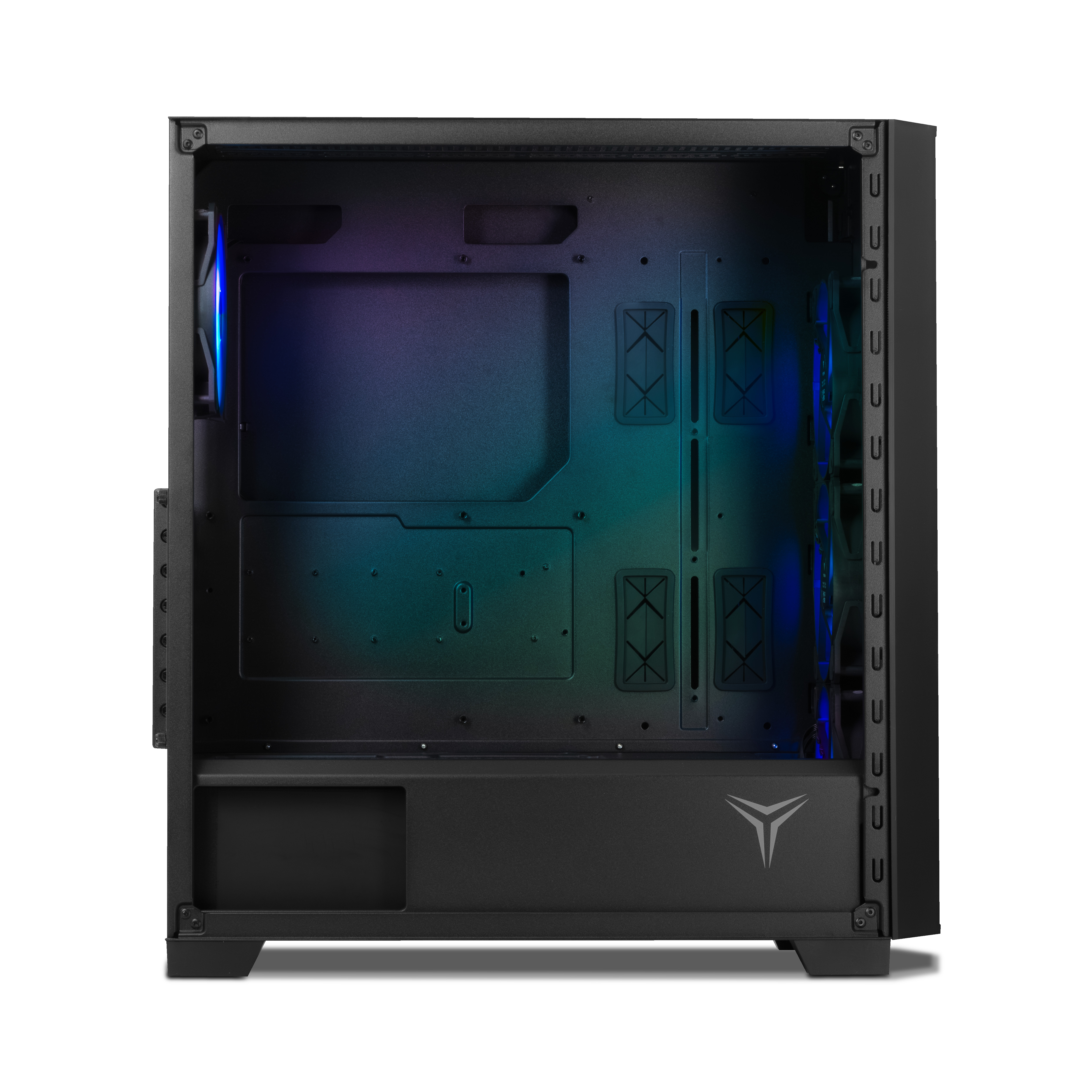 Interior de una caja de ordenador negra. Muestra componentes, ventiladores y un logotipo. Diseño moderno.