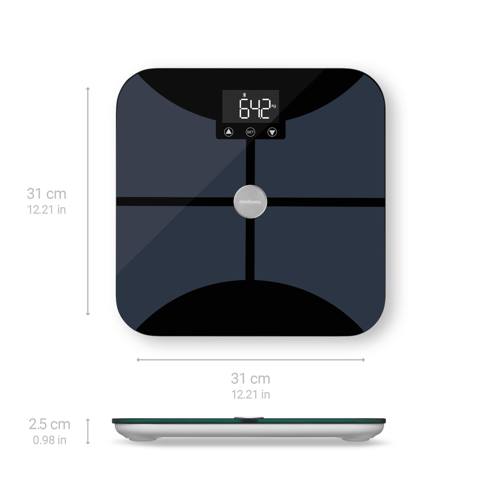 Una bilancia da bagno digitale. È blu scuro con un display digitale che mostra un peso di 64,2 kg.
