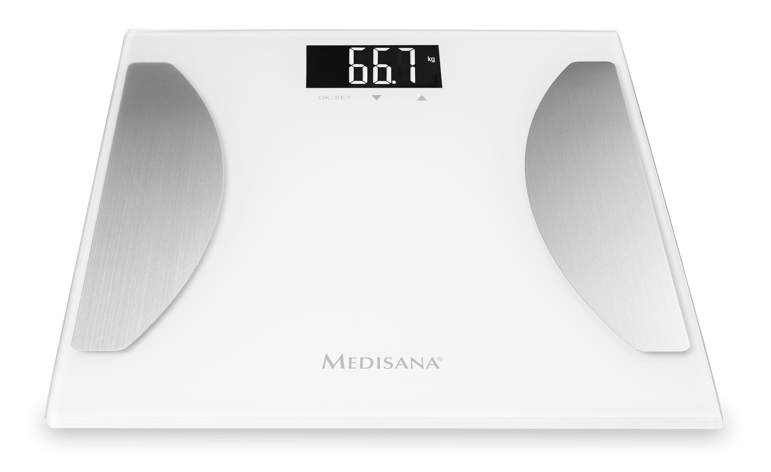 Een witte digitale weegschaal met '66,7 kg'. Het heeft zilveren pads en het merk 'MEDISANA' is zichtbaar.
