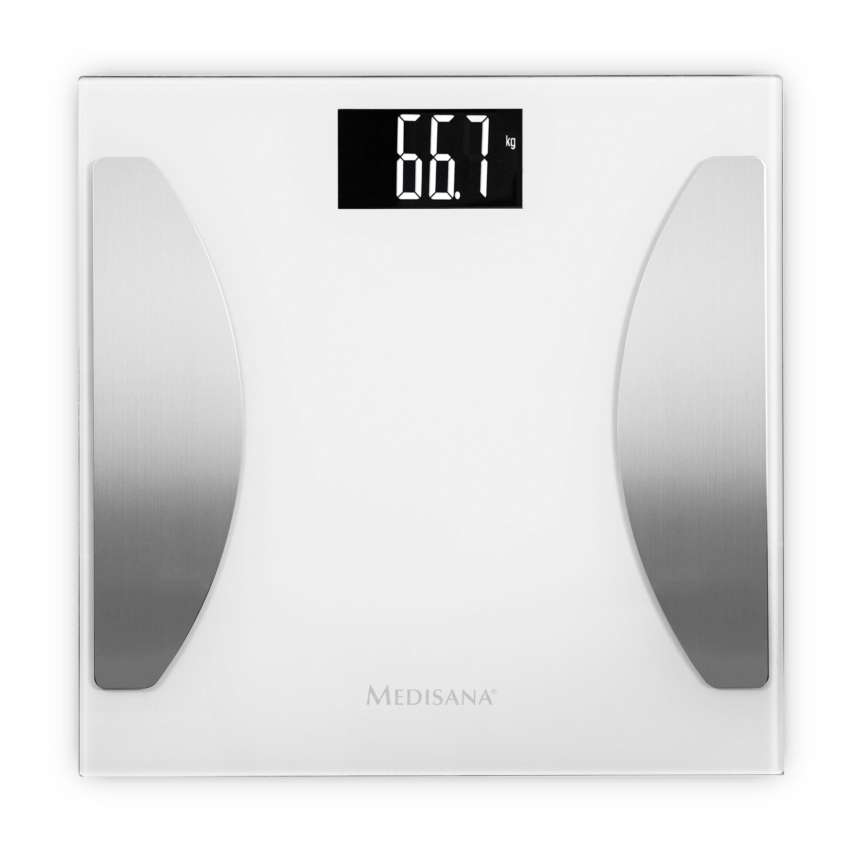 Witte digitale badkamerweegschaal met 66,7 kg op een witte achtergrond.