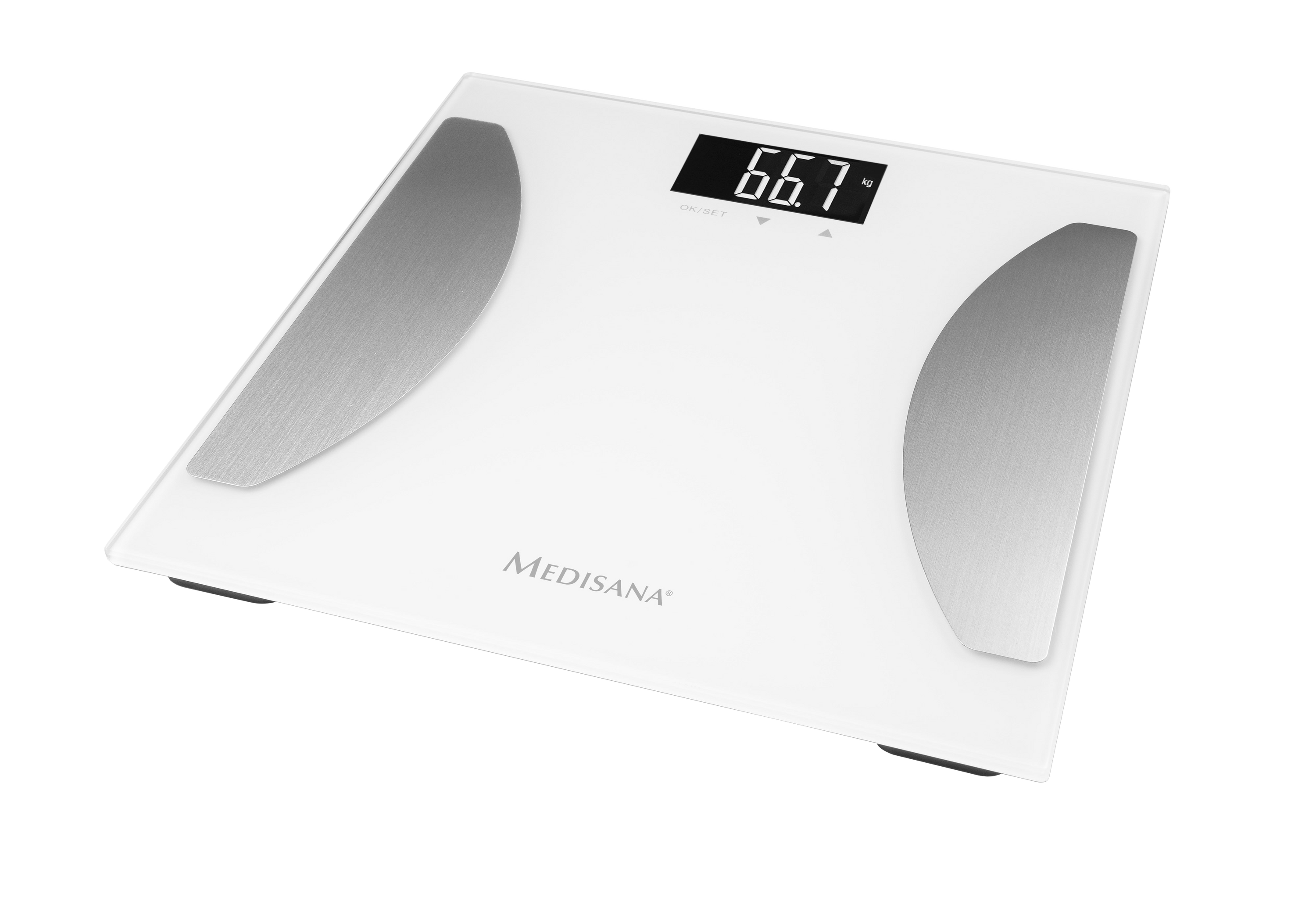 Witte digitale badkamerweegschaal met 66,7 kg. Zilveren accenten en het merk Medisana zichtbaar.