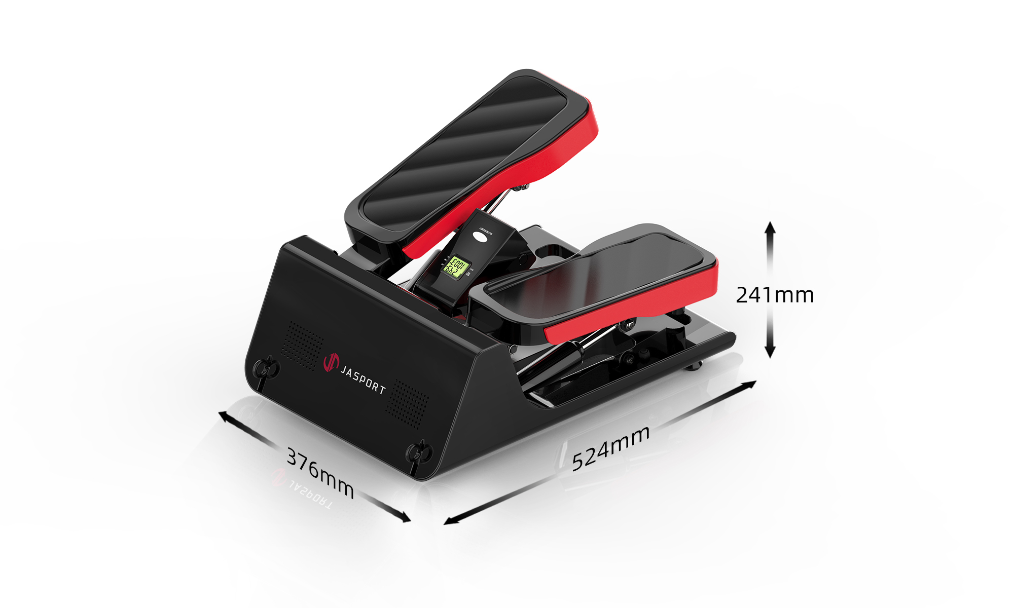 Schwarz-rote JASPORT Stepper-Maschine. Abmessungen: 376 mm breit, 524 mm lang, 241 mm hoch.