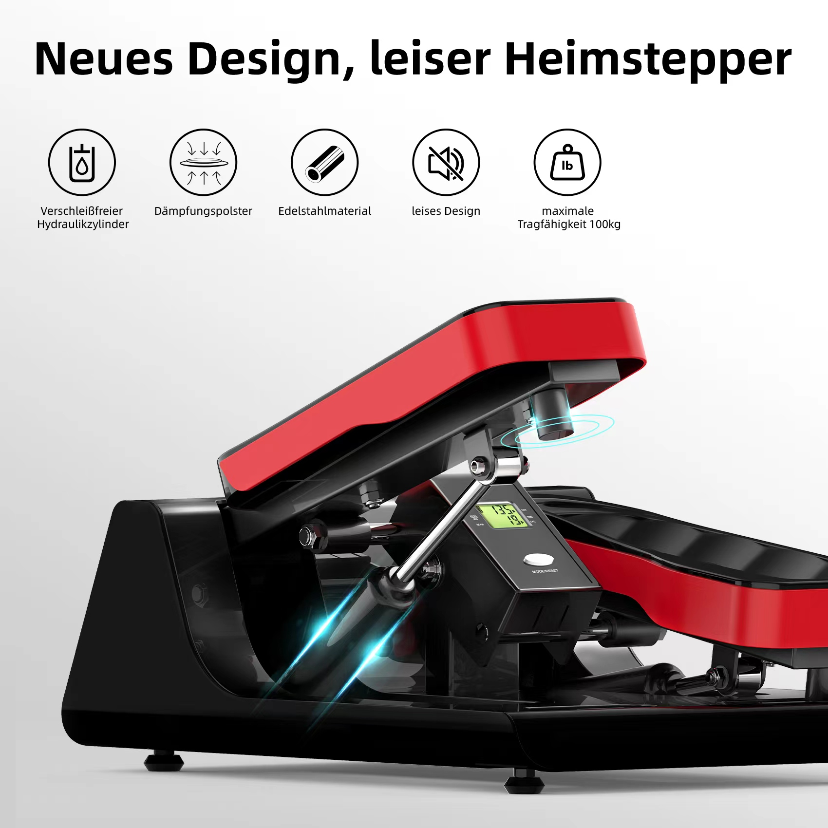 Schwarze und rote Stepper-Maschine mit Digitalanzeige, zeigt Details und Designmerkmale.
