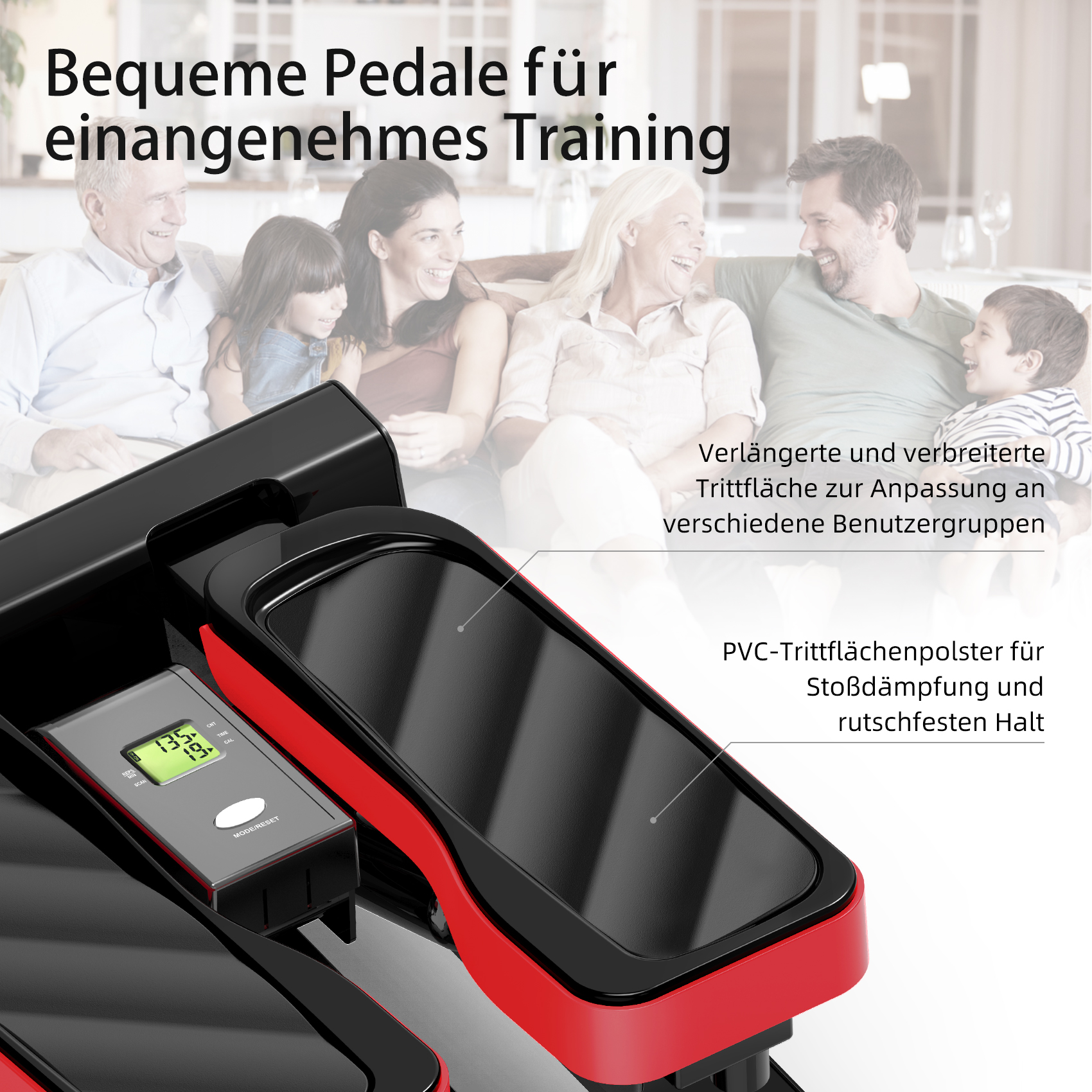 Nahaufnahme einer Fitnessmaschine mit Familie im Hintergrund. Text auf Deutsch.