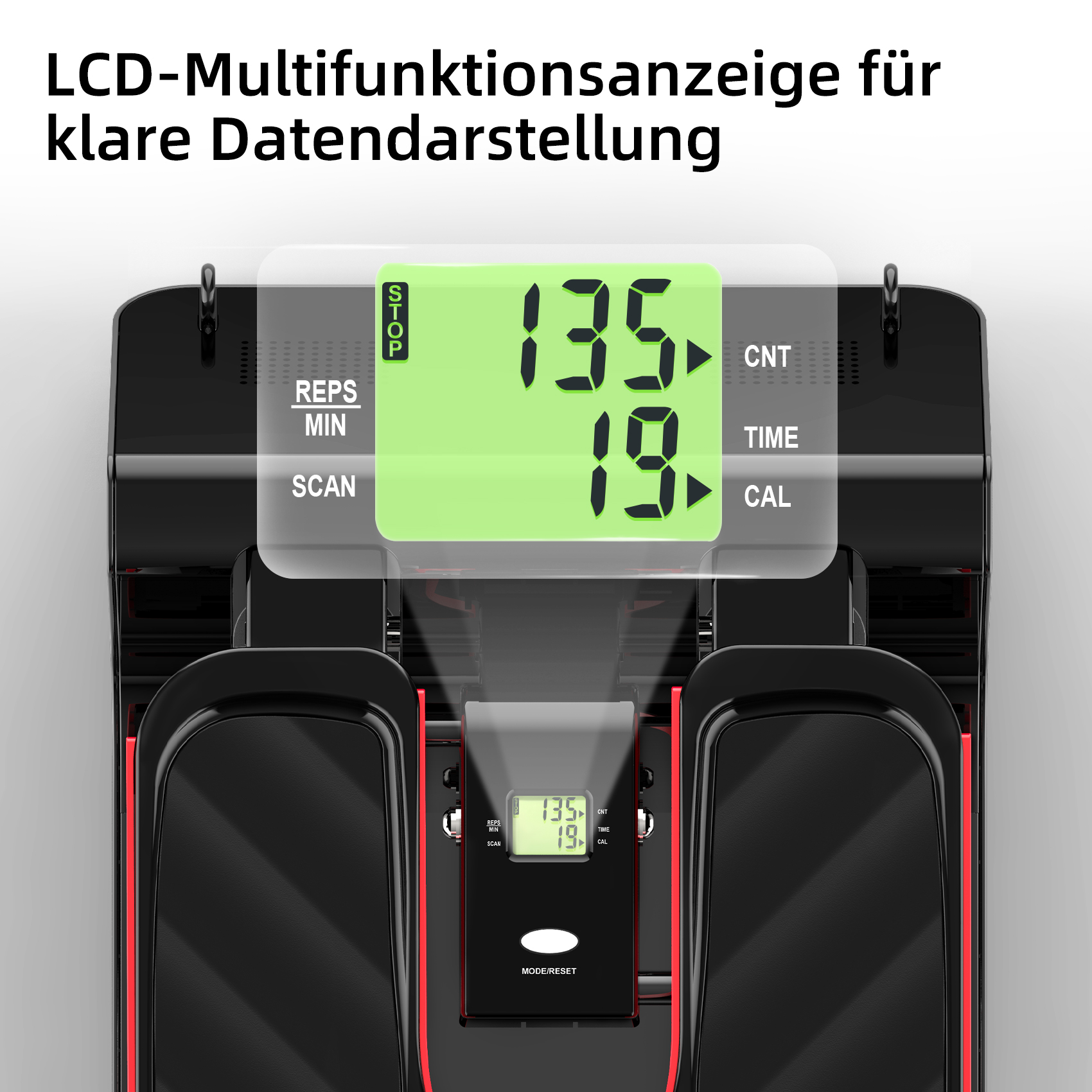 Anzeige der Trainingsmaschine mit einem grünen Bildschirm mit Zahlen und einer Stopptaste.