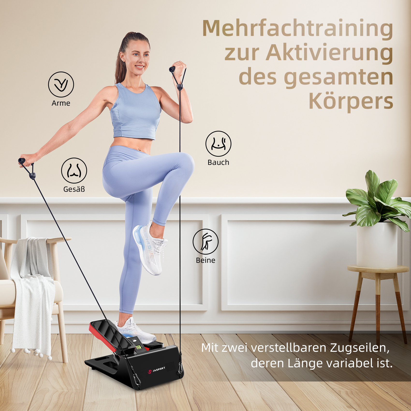 Eine Frau macht Übungen mit Widerstandsbändern an einer Fitnessmaschine.