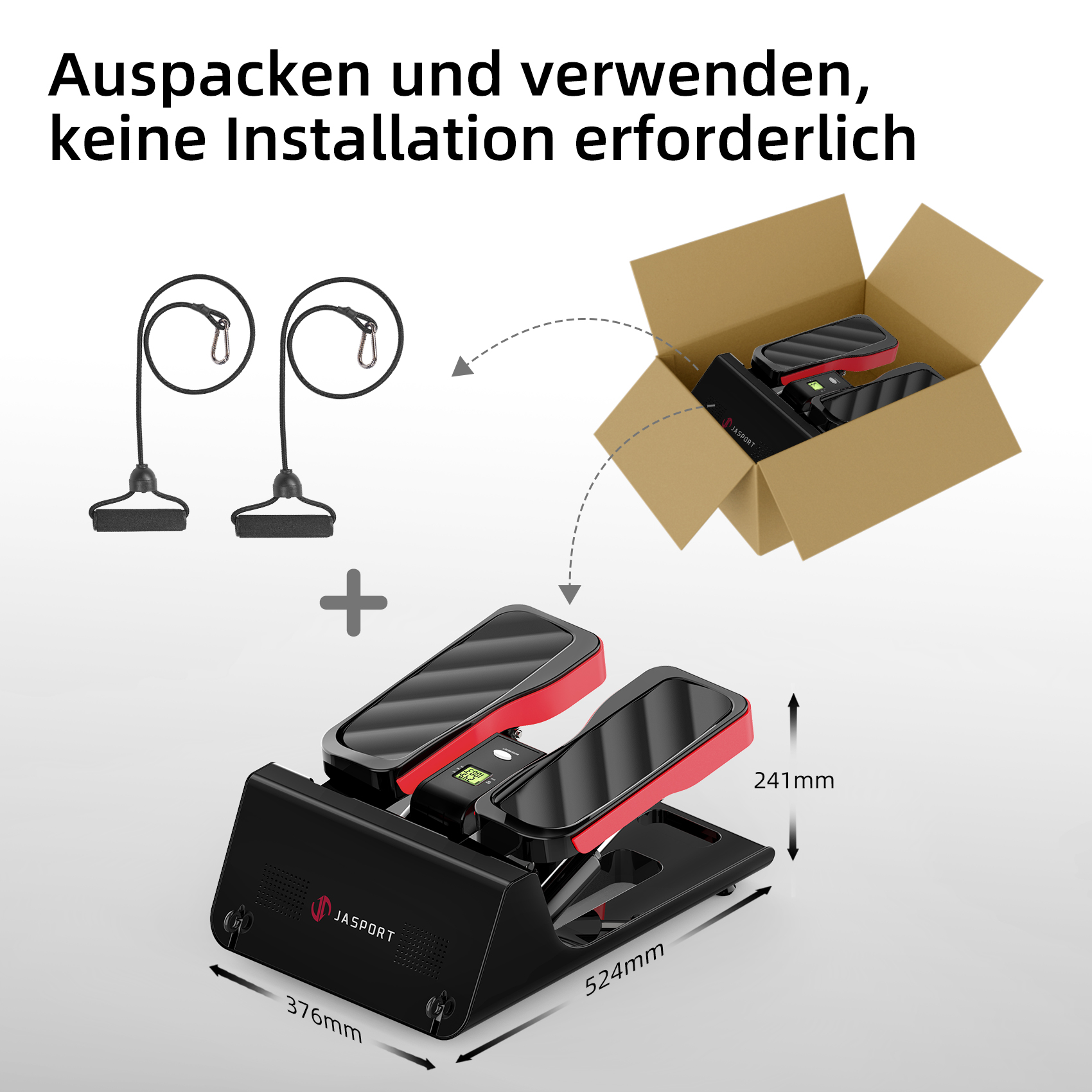 Fitnessgerät: Stepper und Widerstandsbänder, mit Abmessungen und Verpackung.