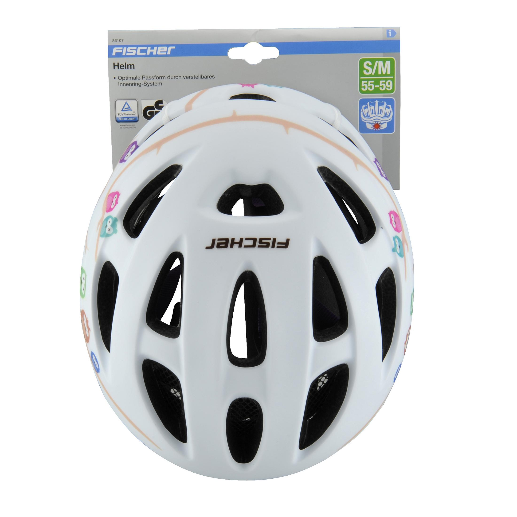 Weißer Fahrradhelm mit bunten Mustern und Belüftungslöchern, von oben gesehen. Der Markenname ist FISCHER.