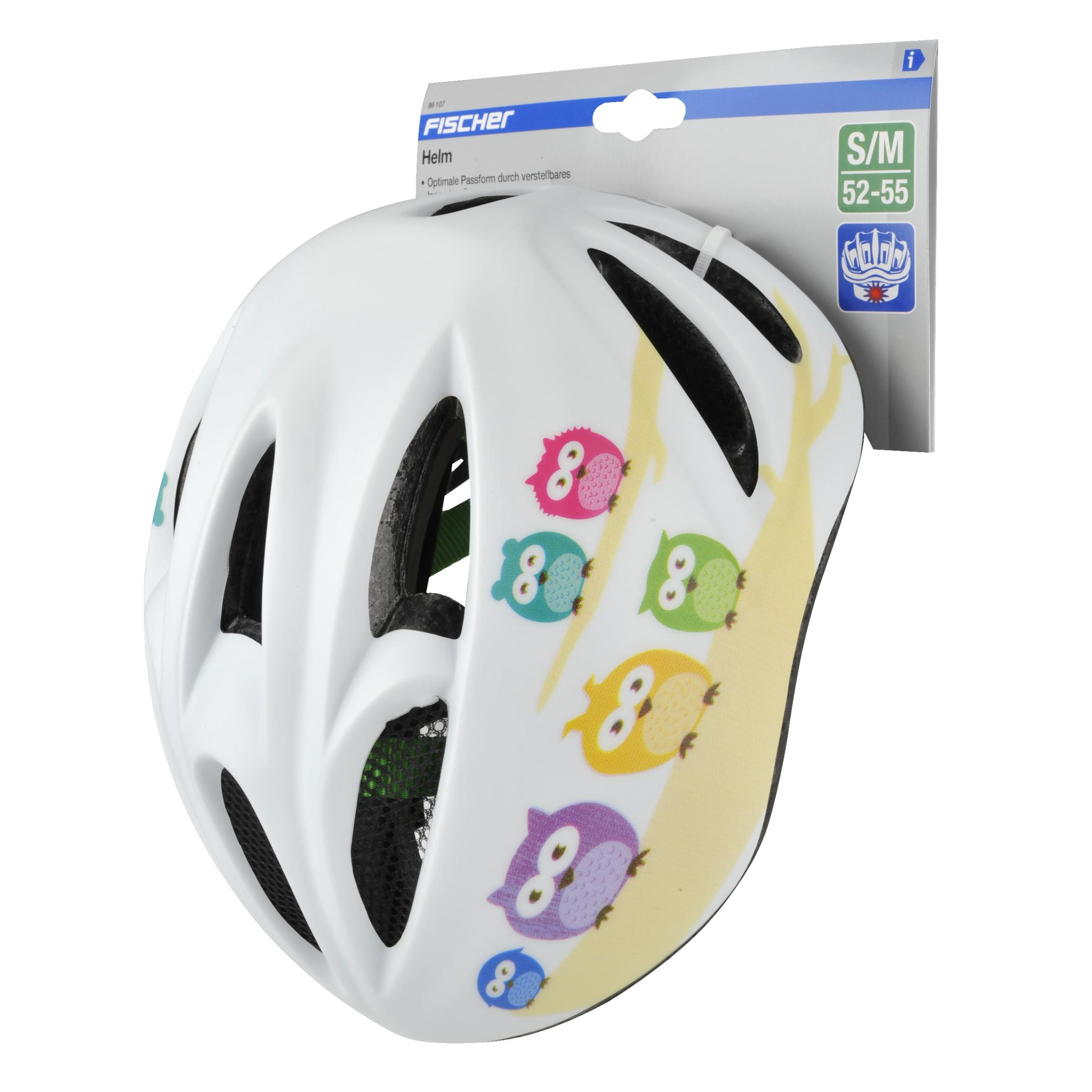 Weißer Fahrradhelm mit bunten Eulenmotiven, Größe S/M.