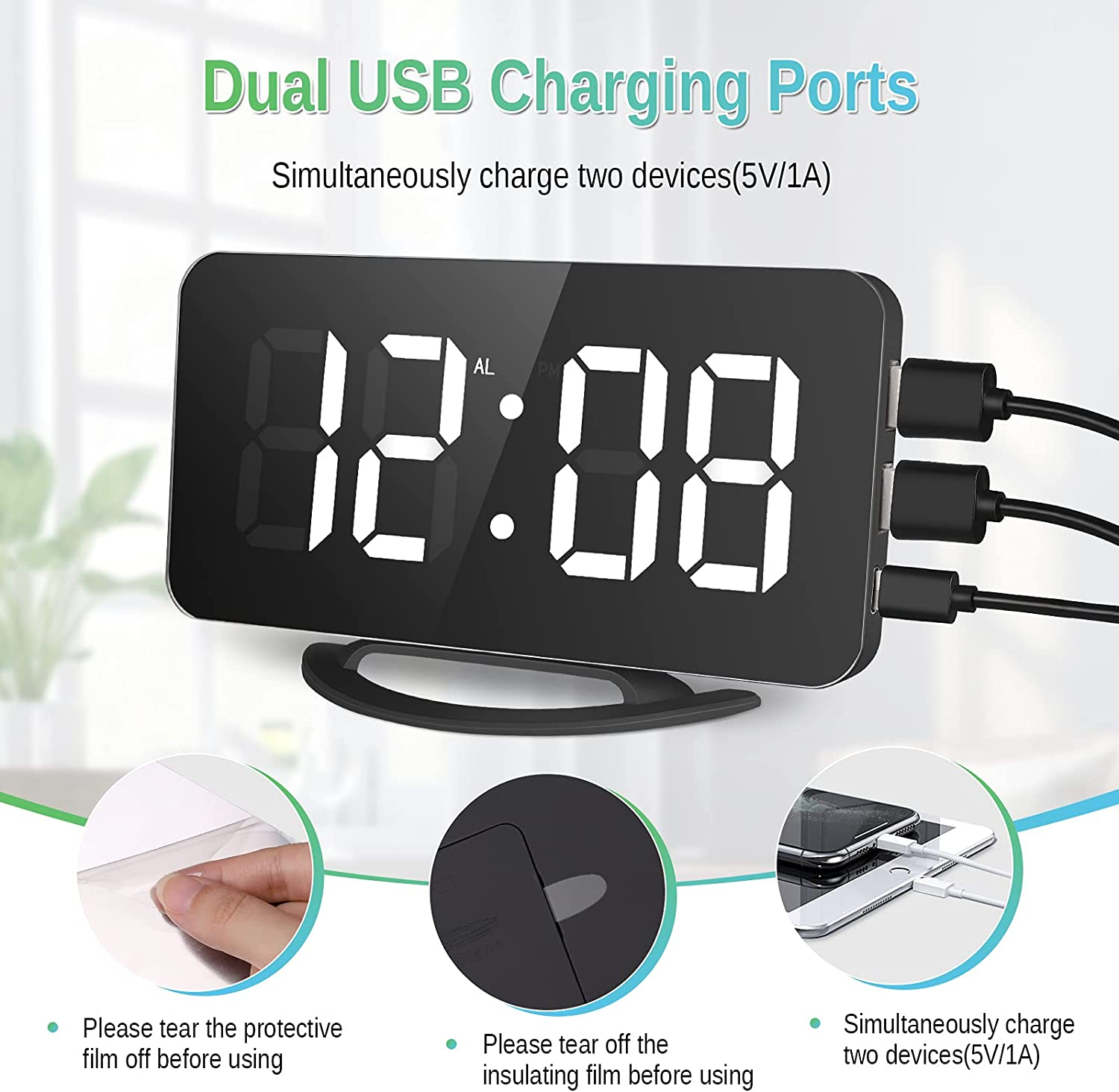 Zegar cyfrowy z dwoma portami ładowania USB. Zegar pokazuje 12:08. Podłączone są dwa kable ładujące.