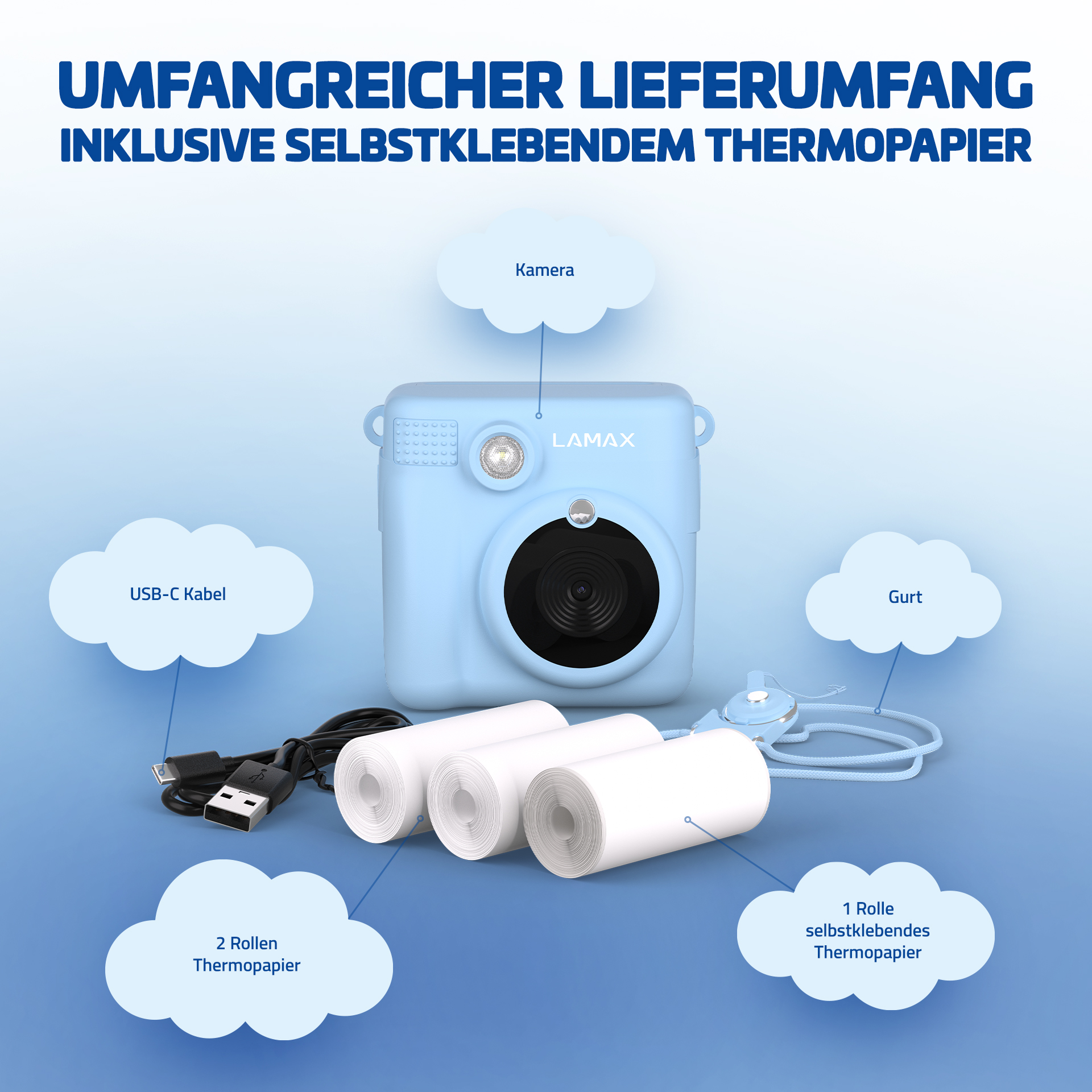 Hellblaue Sofortbildkamera mit Zubehör. Die Kamera ist von einem USB-Kabel, Papierrollen und einem Gurt umgeben.