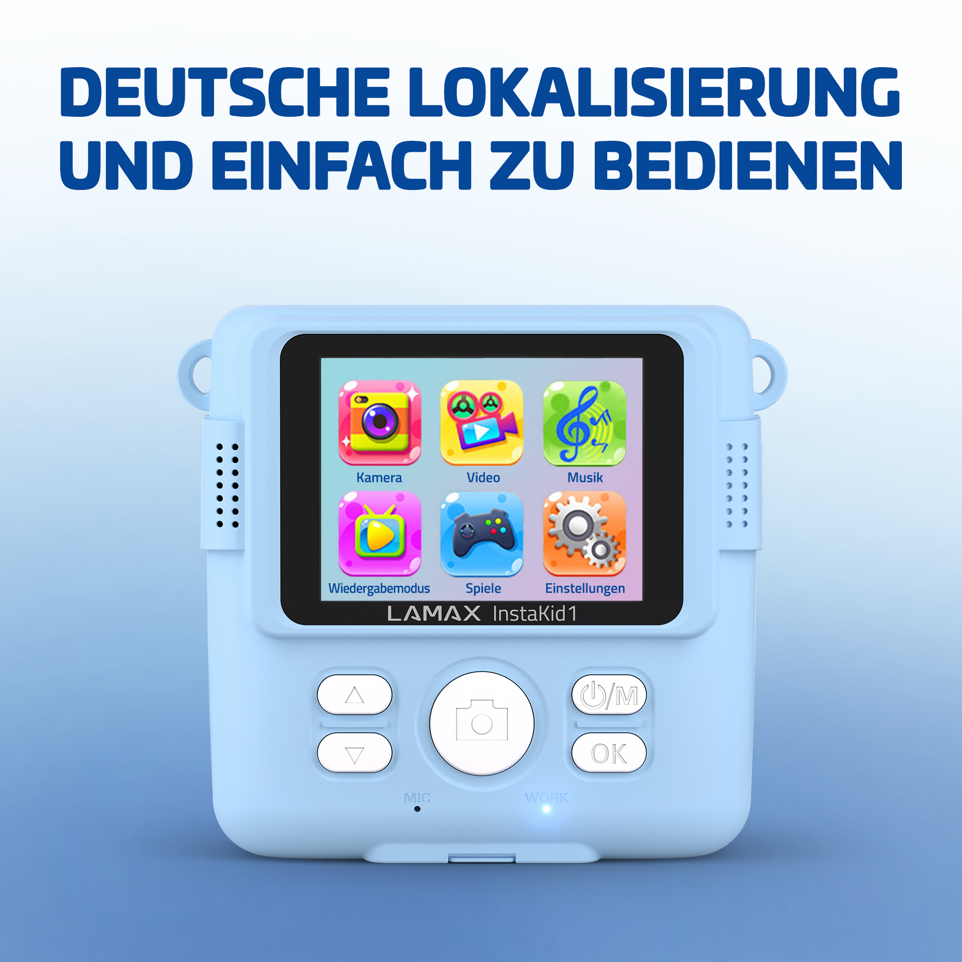 Hellblaue Instakid1-Kamera mit Bildschirm, der bunte App-Symbole und Schaltflächen zeigt. Text oben.
