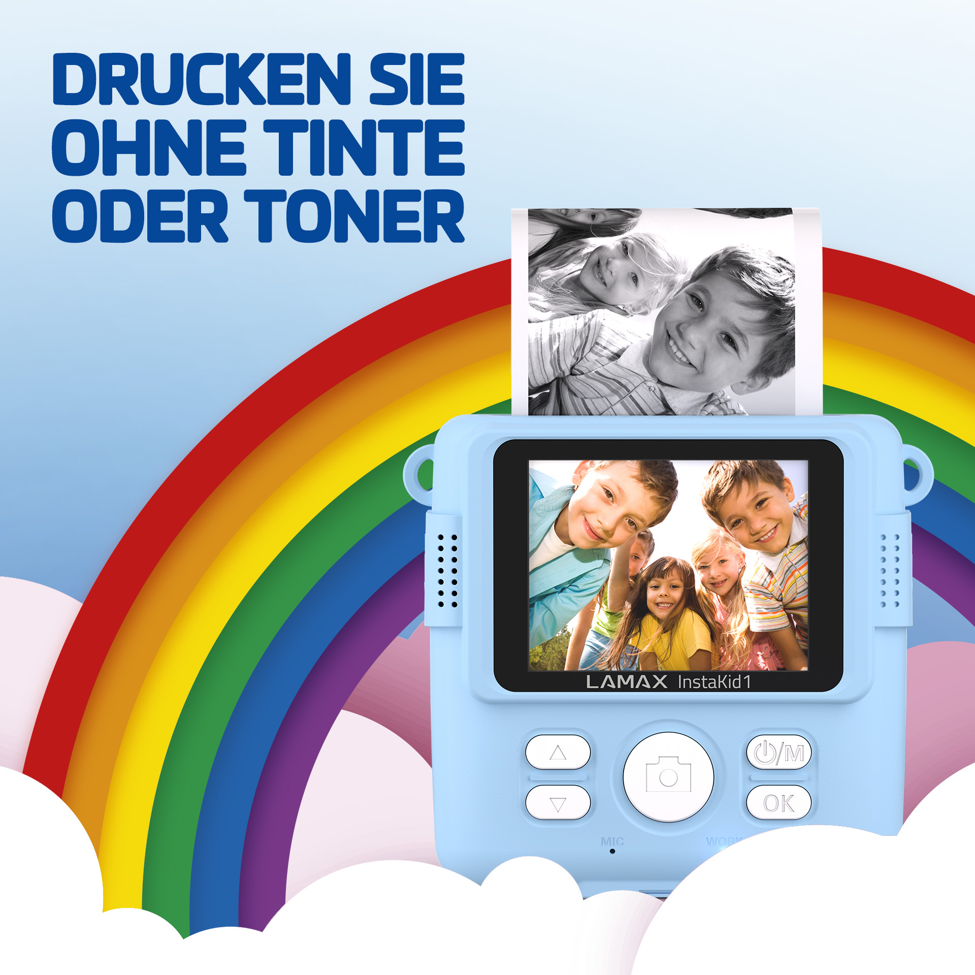 Eine blaue Sofortbildkamera, die eine Gruppe lächelnder Kinder zeigt. Ein Regenbogenbogen ist im Hintergrund.