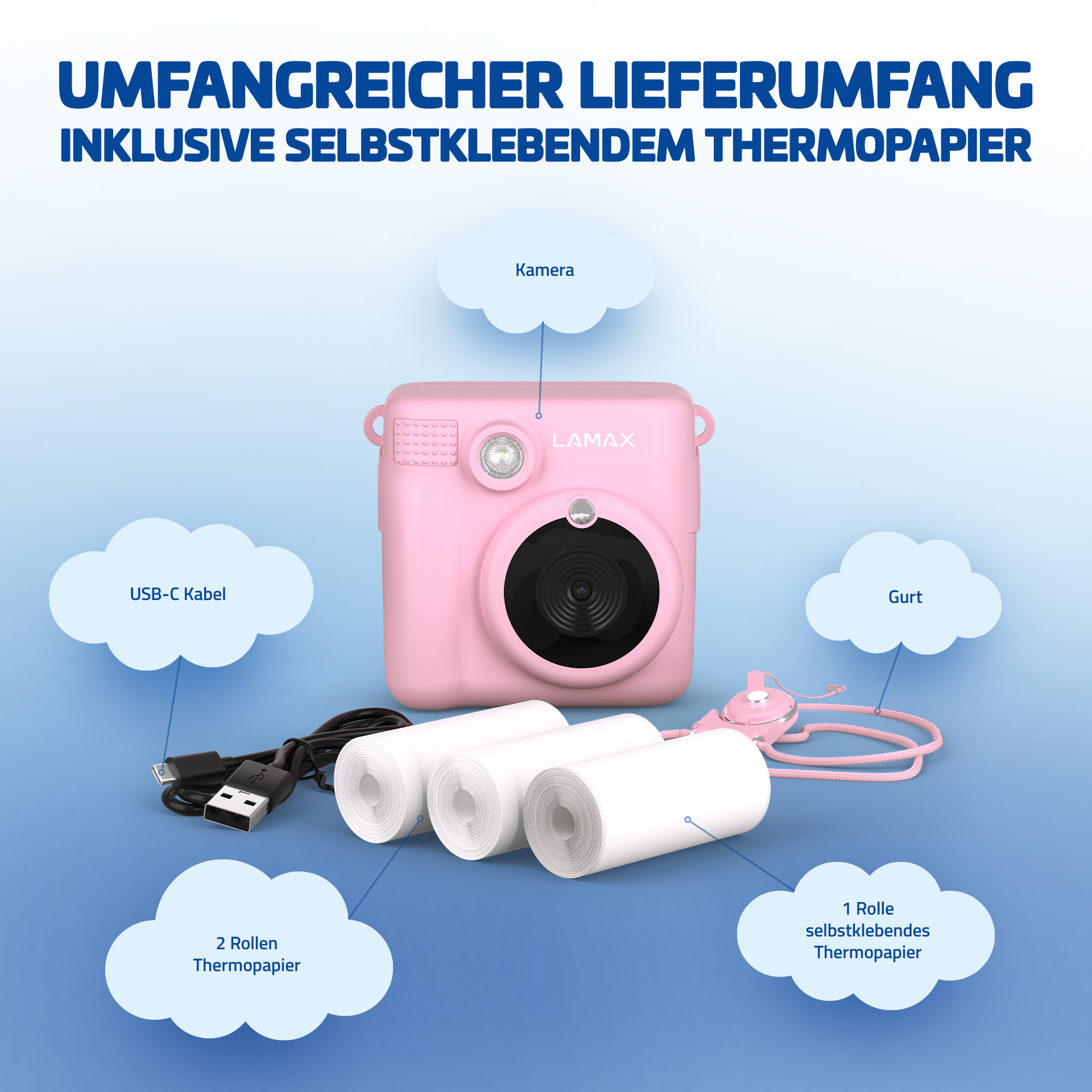 Fotocamera rosa istantanea con accessori: cavo USB, rotoli di carta e cinturino.