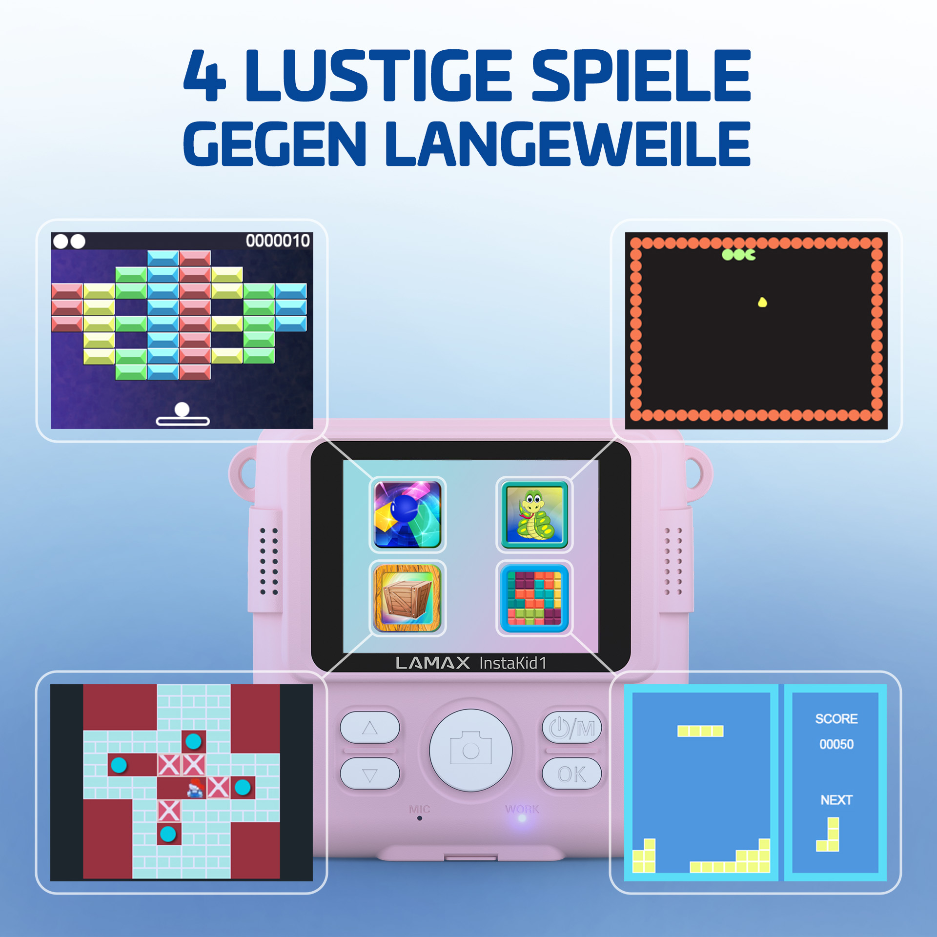 Console di gioco portatile rosa con quattro anteprime di giochi. Il testo in alto recita: '4 giochi divertenti contro la noia'.
