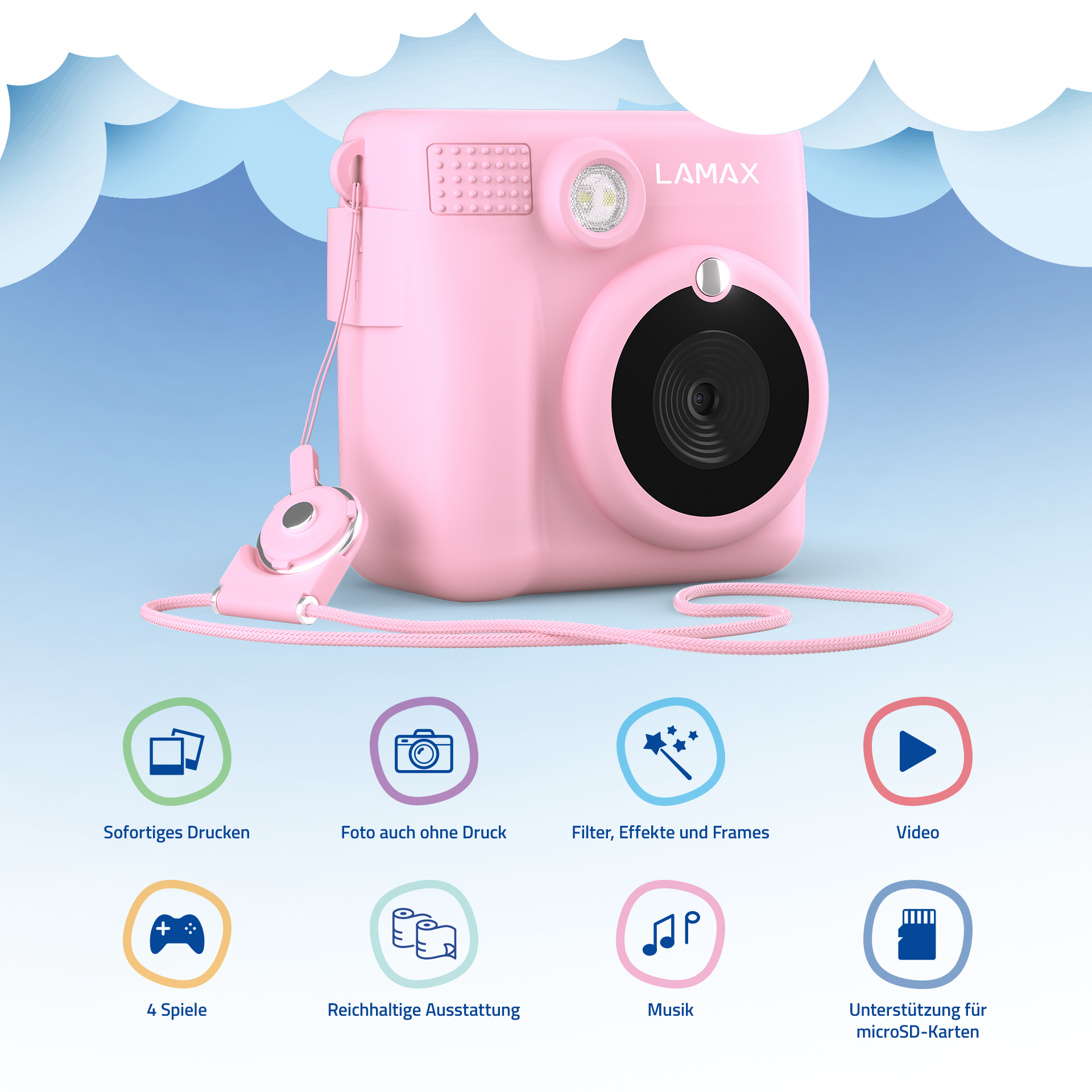 Fotocamera istantanea rosa con icone e testo su sfondo blu.